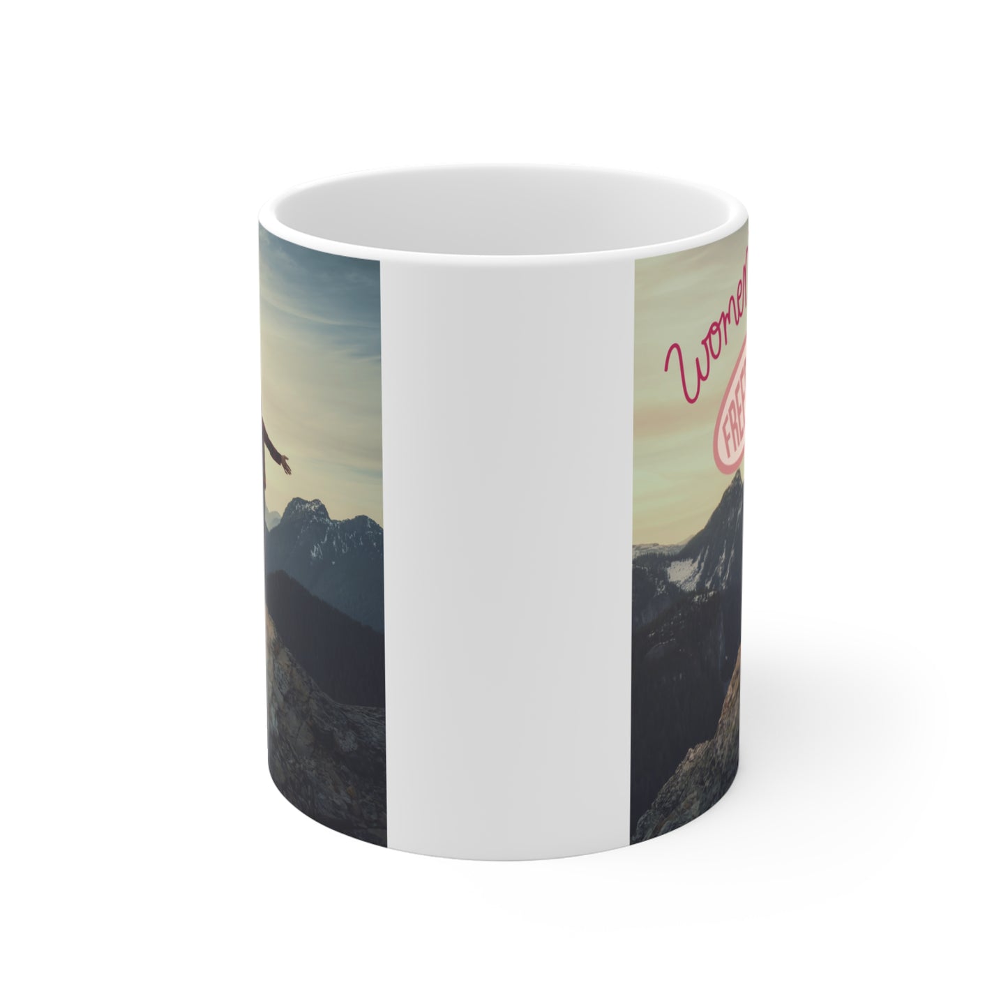 Coffee mug with woman on mountain peak symbolizing freedom and independence, feminist empowerment design gift idea