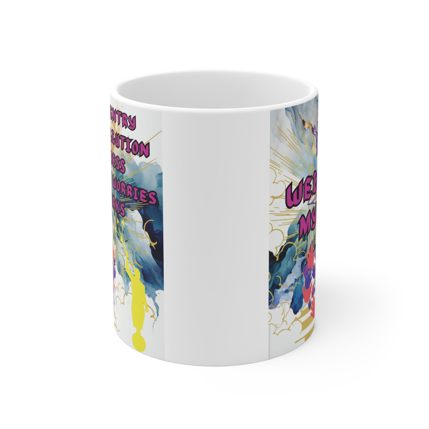 Decorative ceramic mug with spiritual artwork of Jesus, motivational text about stress-free paradise, and colorful handprint design on white cup.