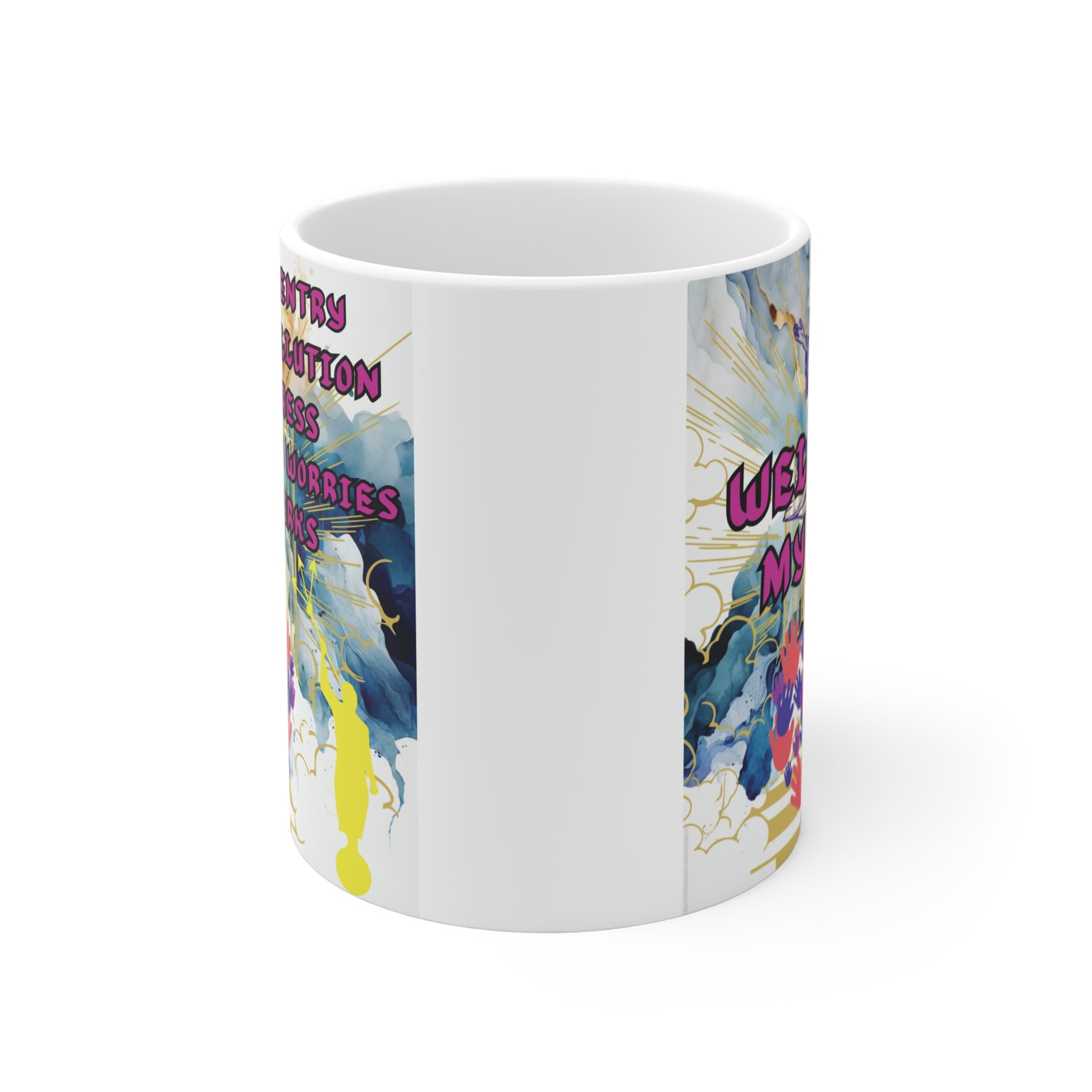 Decorative ceramic mug with spiritual artwork of Jesus, motivational text about stress-free paradise, and colorful handprint design on white cup.