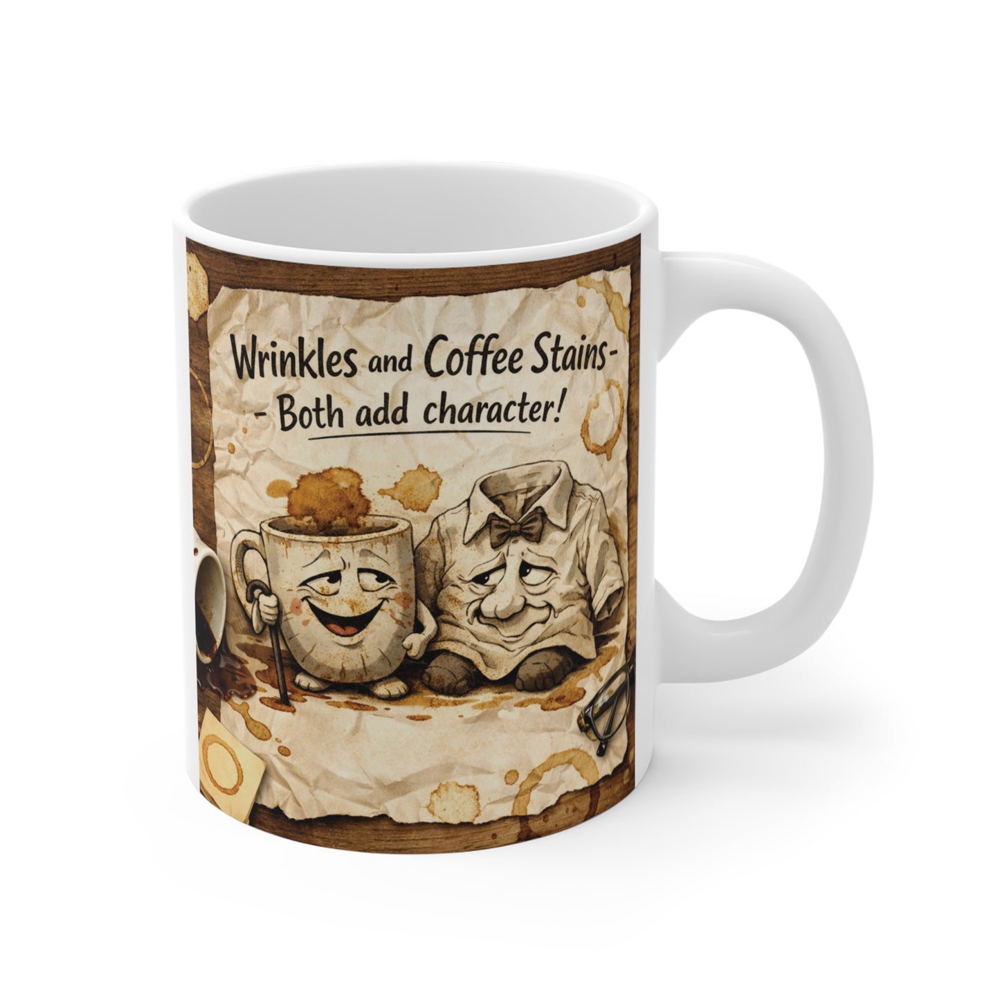 Vintage ceramic mug featuring the quote "Wrinkles and Coffee Stains Both Add Character" with whimsical coffee-themed illustration.