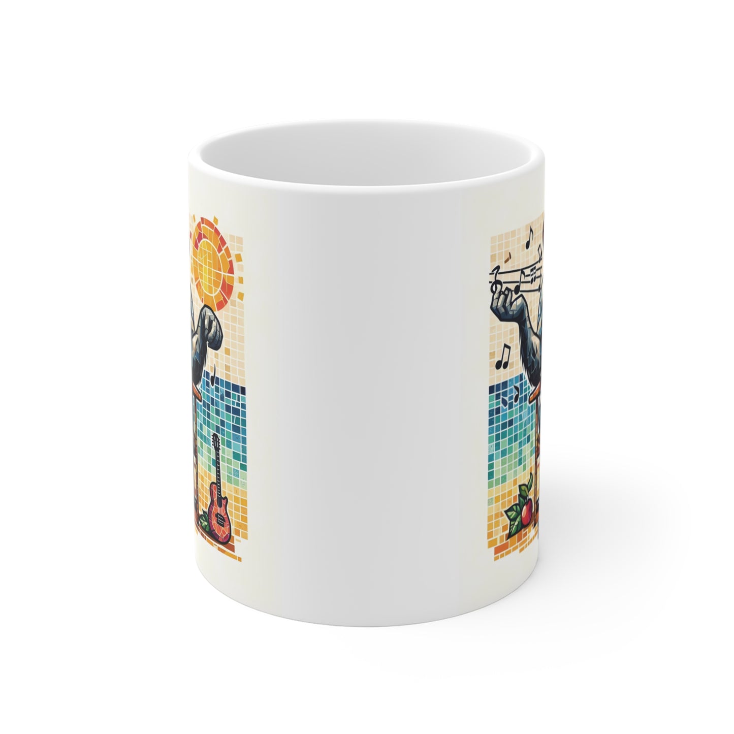 Chill ape lounging with fruit and guitar, vibrant mosaic sun backdrop, humorous tropical vibe coffee mug design