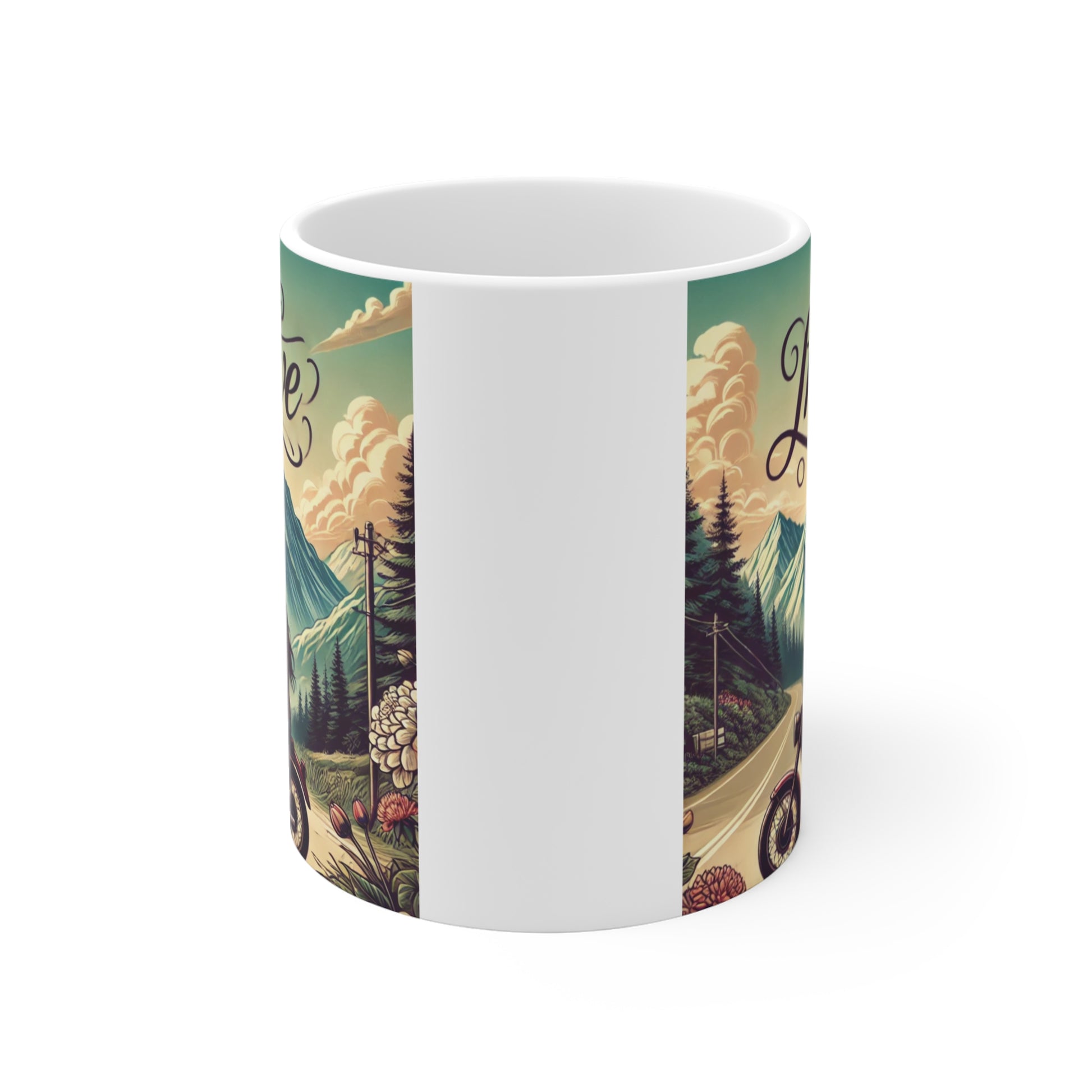 Valentine’s Day mug with biker couple, nature mountains background, and “We Are In Love” lettering
