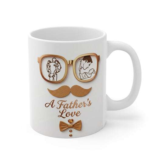 Father’s Day mug with “A Father’s Love” design featuring dad and child illustration, perfect gift for dad coffee mug 11oz