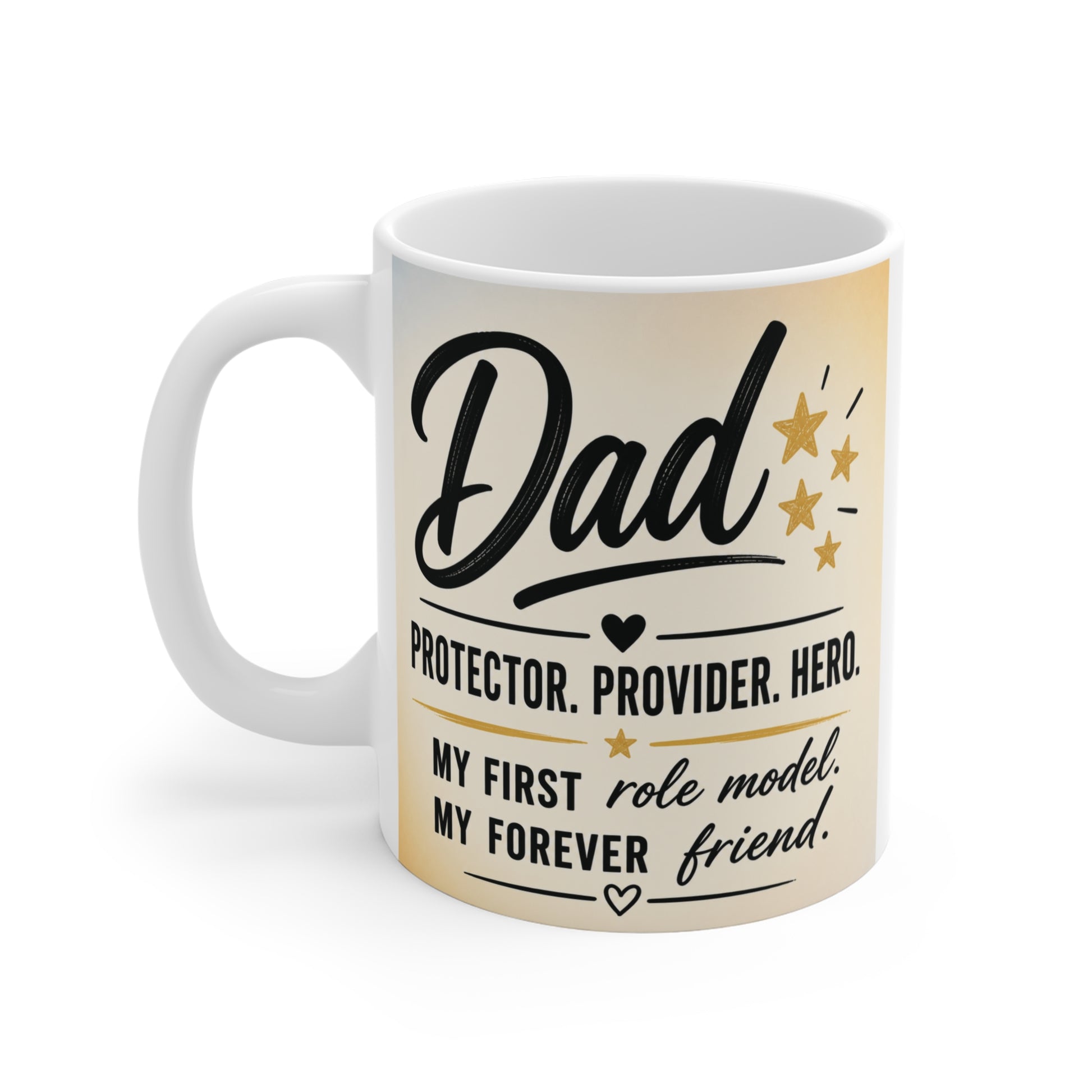 White ceramic dad mug with black typography and gold stars, meaningful gift for dad birthday or Christmas