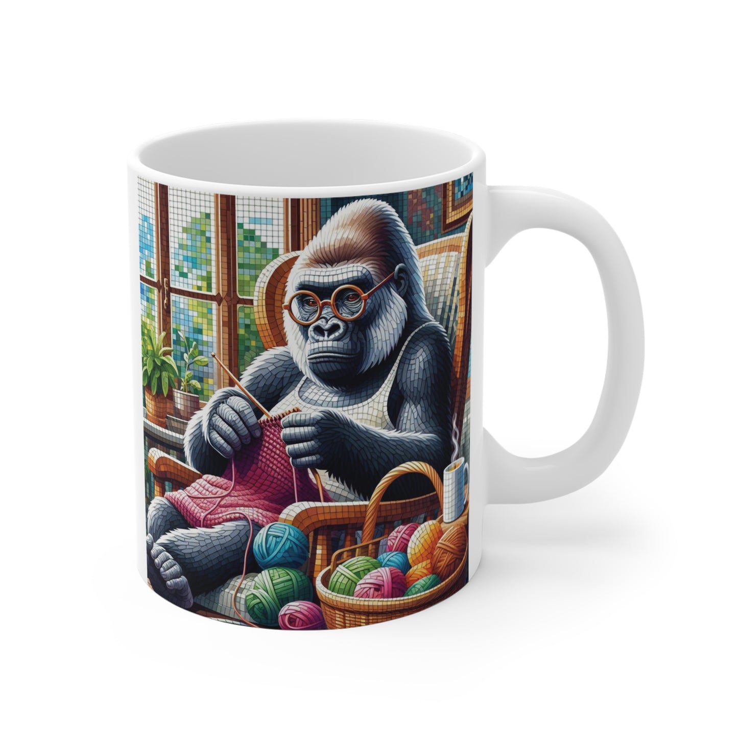 Gorilla knitting coffee mug for yarn lovers and crafters with detailed animal crochet illustration.