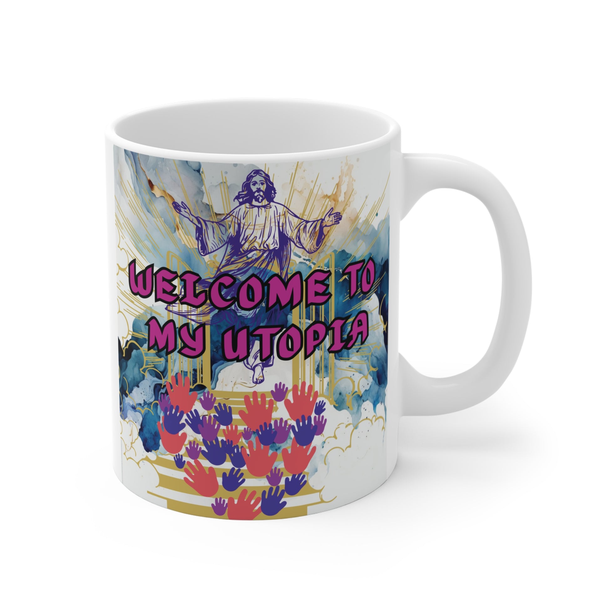 Faith-themed gift mug showing artistic illustration of Jesus with welcoming arms, rainbow handprints, and uplifting messages about a utopian world.