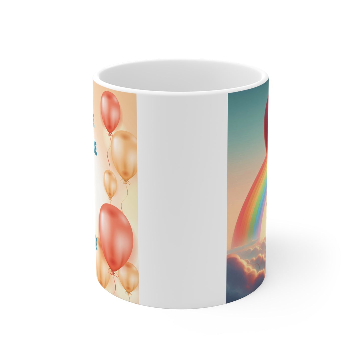 Positive quote mug with rainbow heart balloon over clouds and sunrise, promoting hope and kindness gift idea