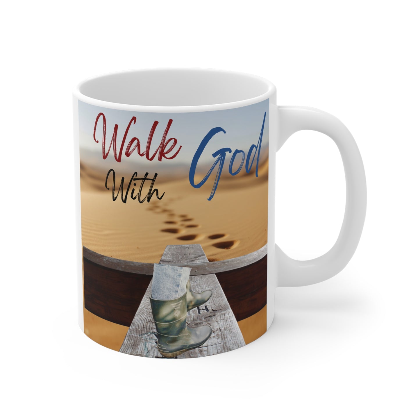 Christian inspirational mug with “Walk With God” quote, desert footprints, and boots on wooden path design