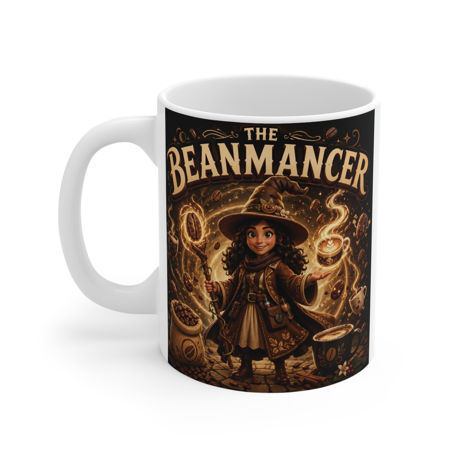 Fantasy coffee mug with The Beanmancer artwork showing an adorable coffee wizard casting magical coffee bean spells on an 11oz ceramic mug for cozy coffee lovers.