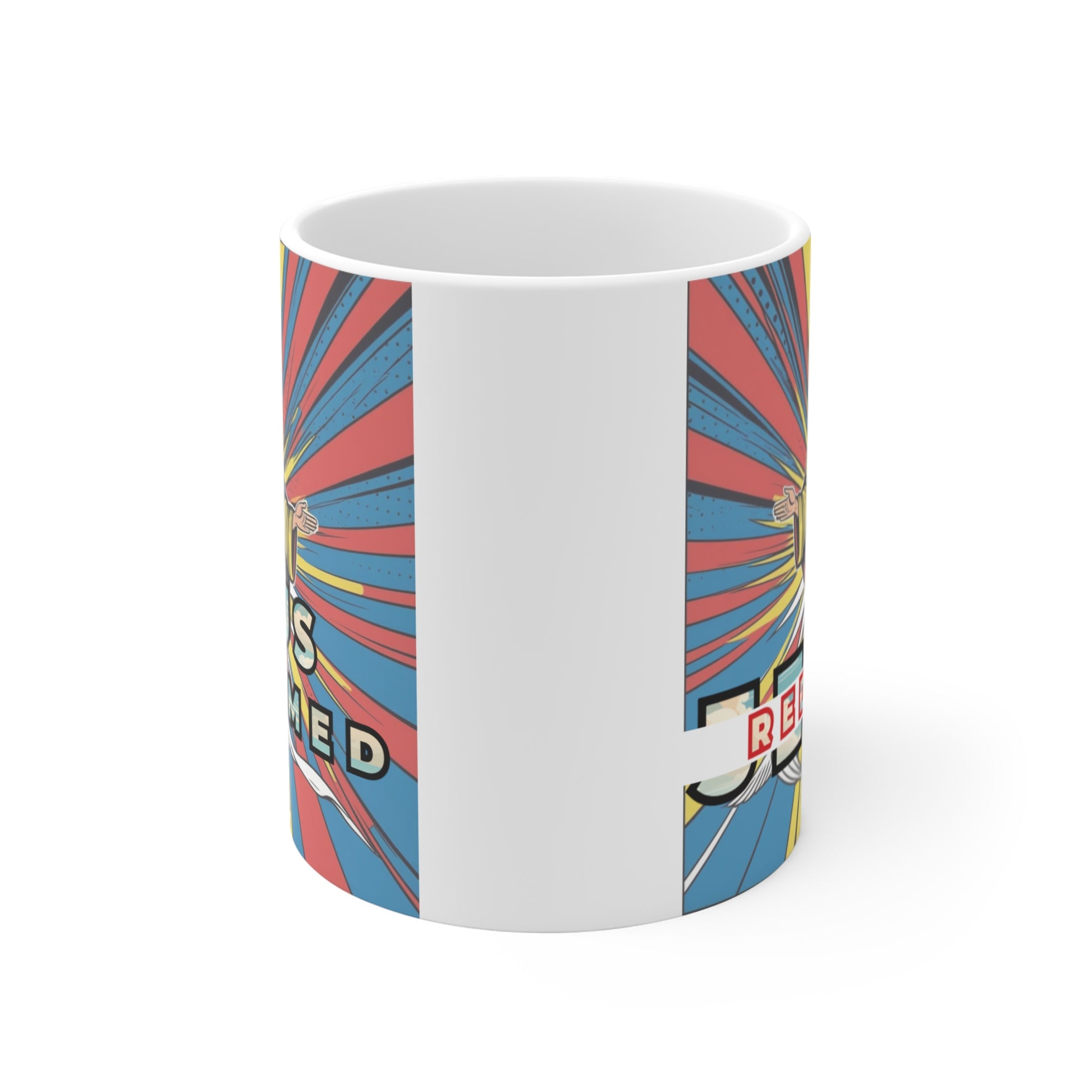 Vintage style Jesus mug with radiant background and “Jesus Redeemed” text, inspirational Christian gift idea