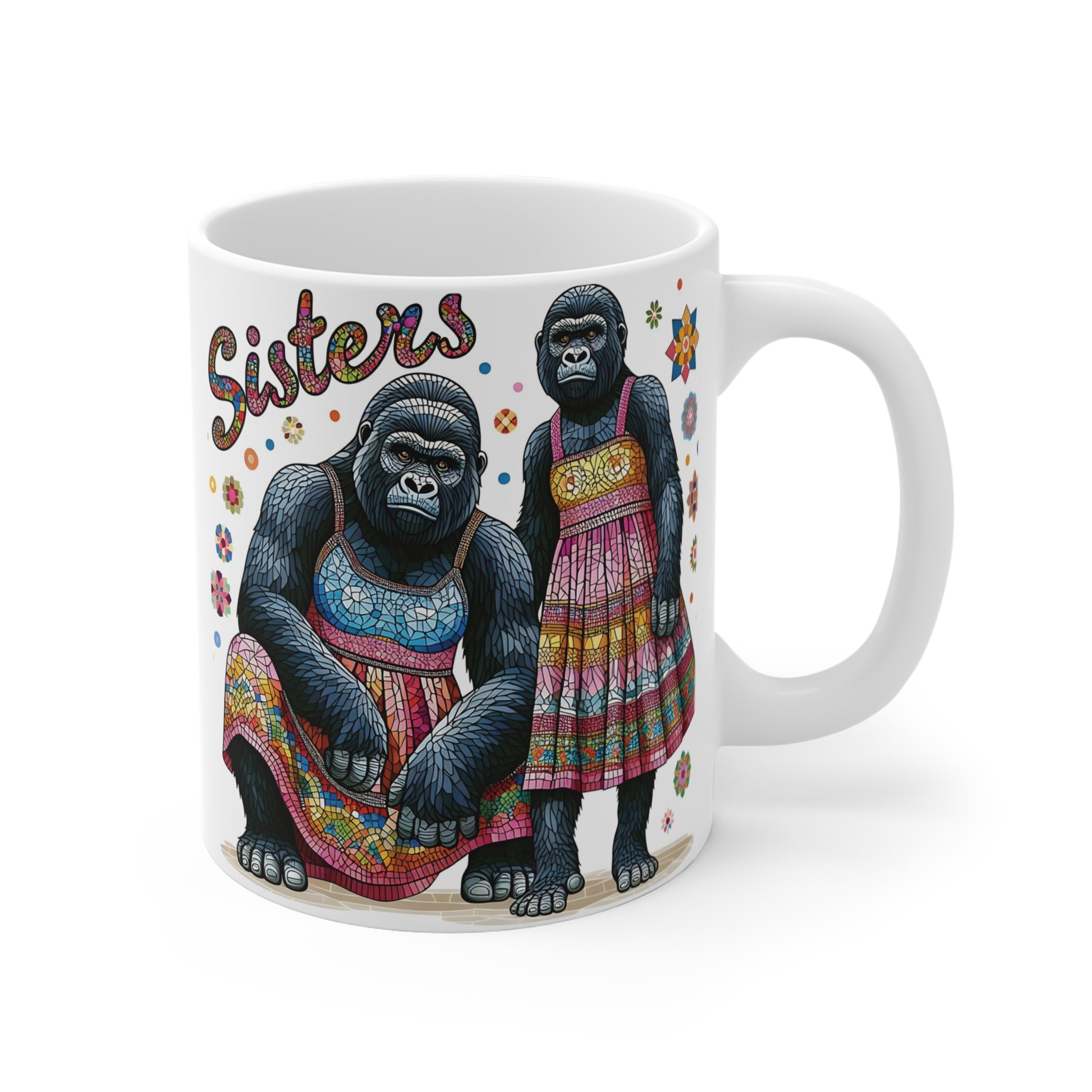Colorful sisters gorilla mug design featuring two female gorillas in patterned dresses with mosaic art style illustration on white ceramic coffee mug.