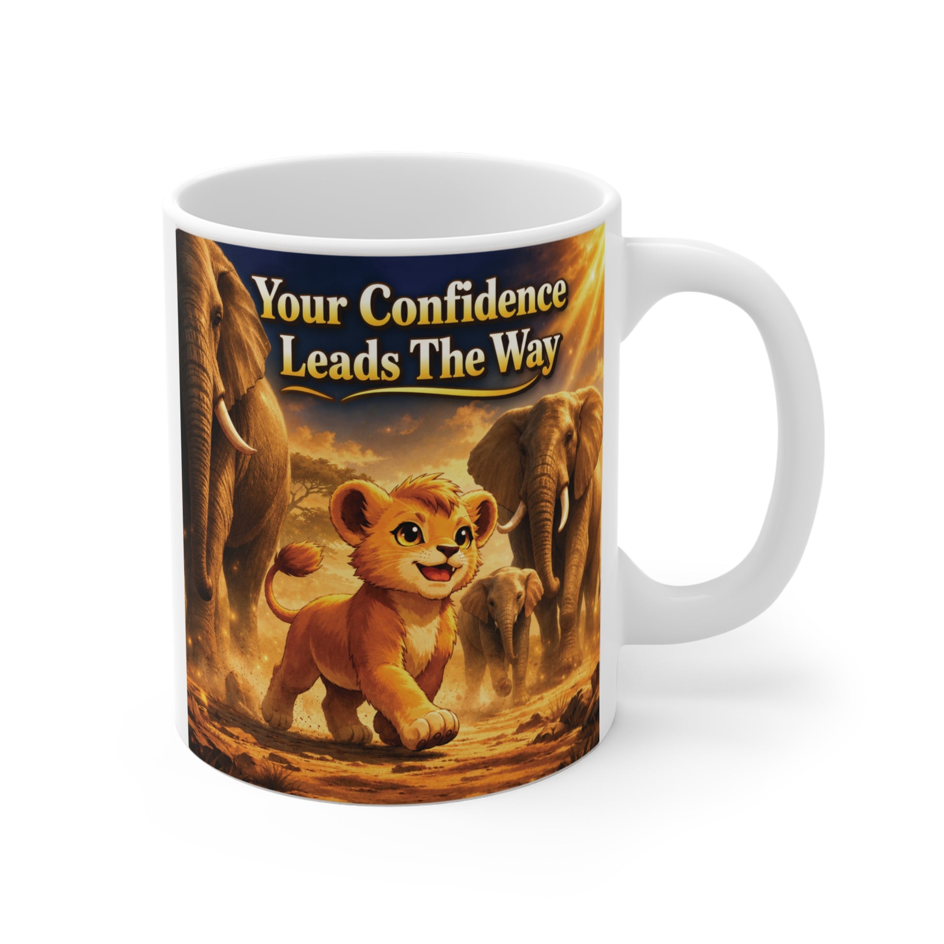 Inspirational lion cub coffee mug with quote Your Confidence Leads The Way on 11oz ceramic mug