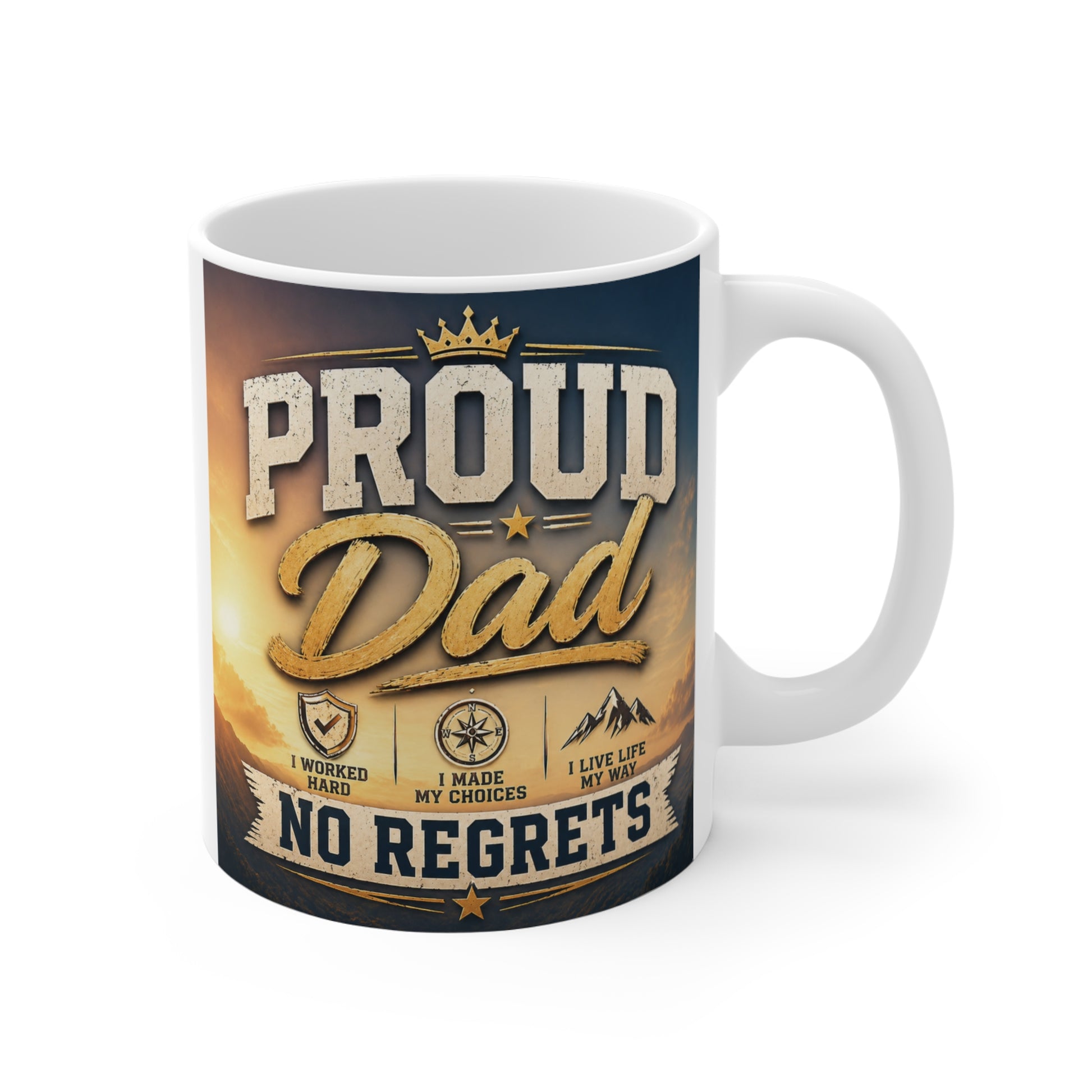 Proud Dad 11oz coffee mug with “No Regrets” slogan in vintage style design, perfect gift for Father’s Day or dad birthday