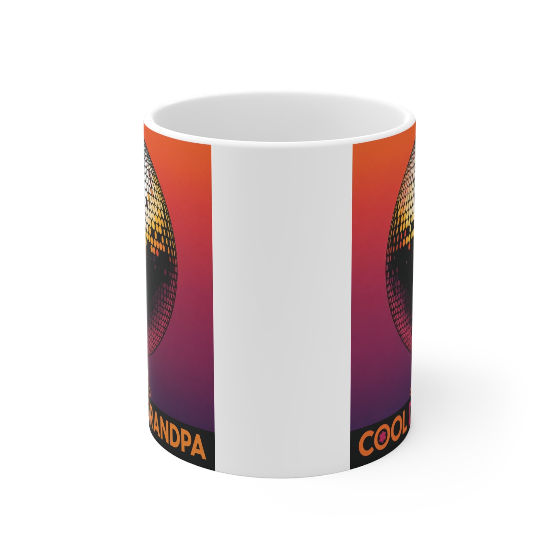 Vintage-inspired Cool Disco Grandpa mug with colorful disco ball artwork, ideal birthday, Father's Day, or Christmas gift for grandfather.