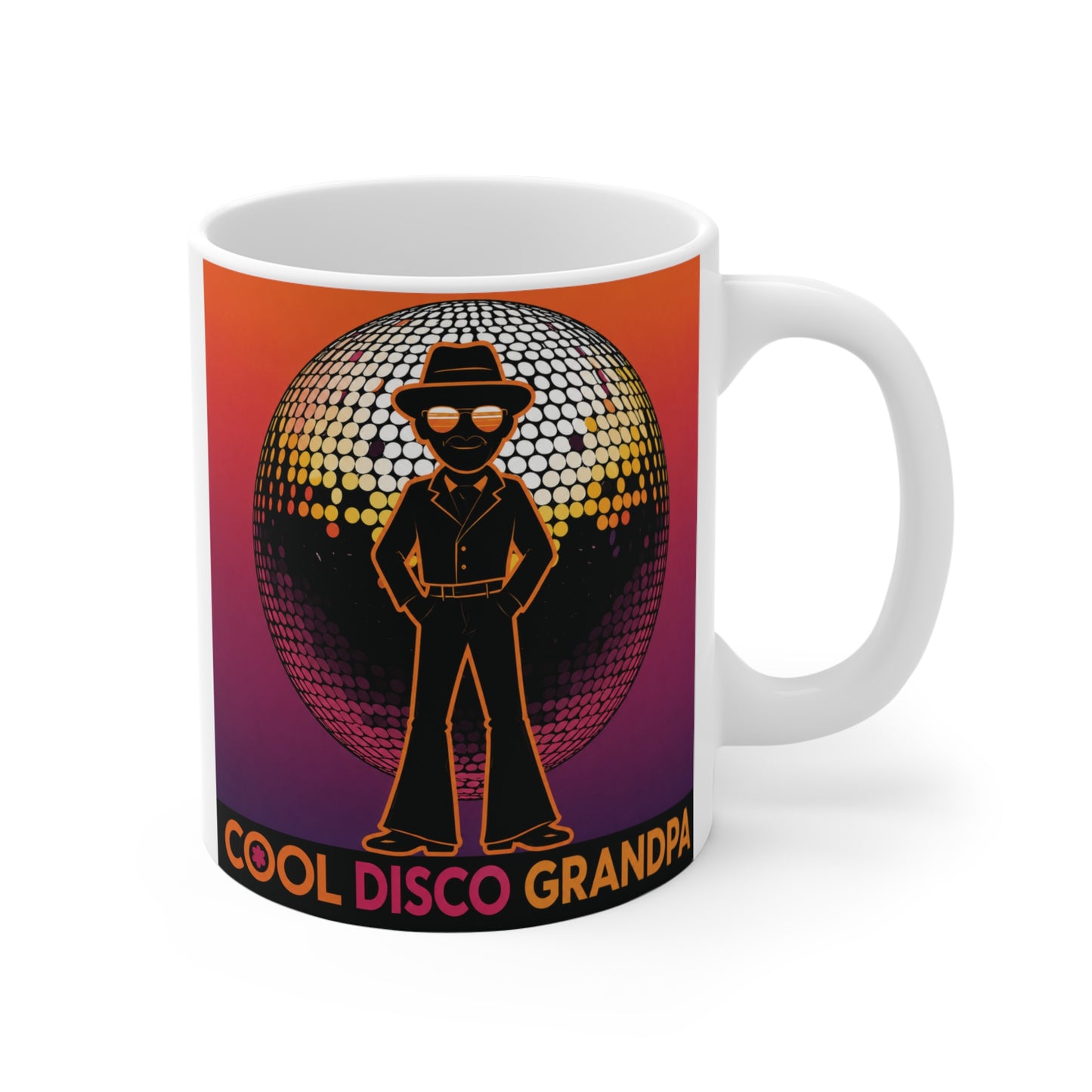 Cool Disco Grandpa 11oz coffee mug featuring a retro disco ball and stylish grandfather silhouette, perfect funny gift for grandpa.