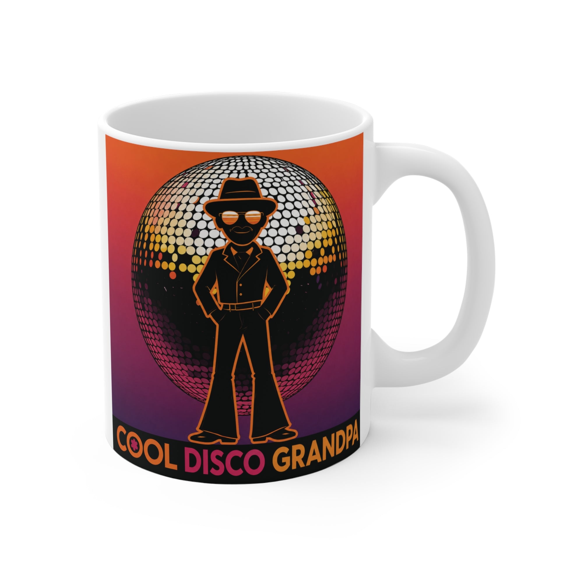 Cool Disco Grandpa 11oz coffee mug featuring a retro disco ball and stylish grandfather silhouette, perfect funny gift for grandpa.