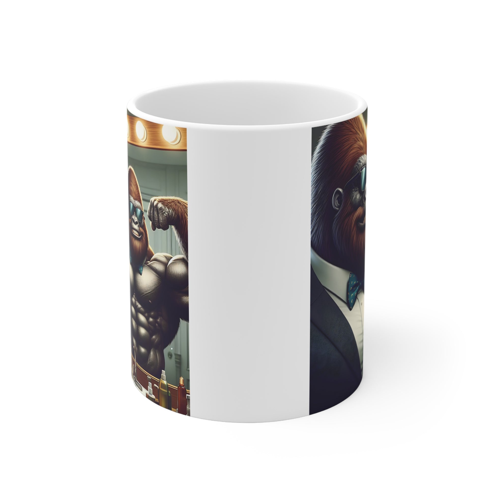 White ceramic mug printed with a cool gorilla in sunglasses and bow tie, showcasing a powerful muscular mirror reflection under vanity lights, ideal for office use.