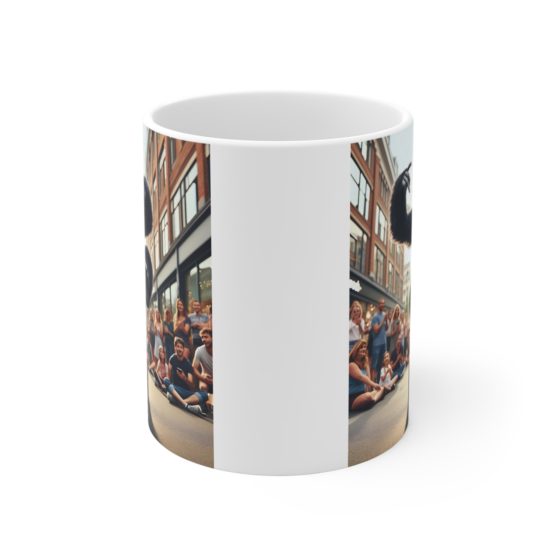 Stylish gorilla street dancer balancing on a cardboard box in an urban setting with spectators, featured on a white ceramic mug.