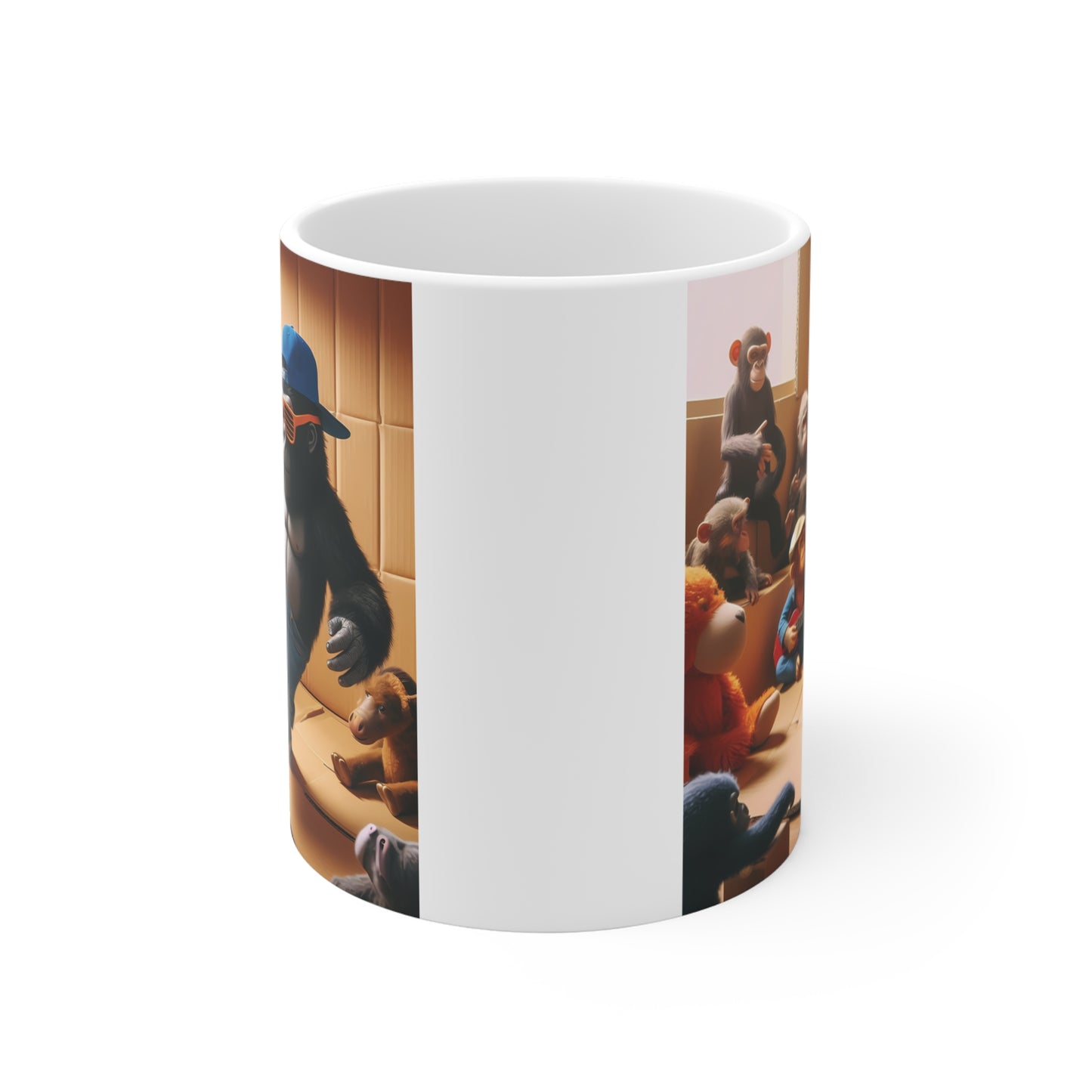Fun monkey-themed coffee mug showing a hip hop gorilla in streetwear surrounded by animated chimpanzees playing music in a whimsical setting.