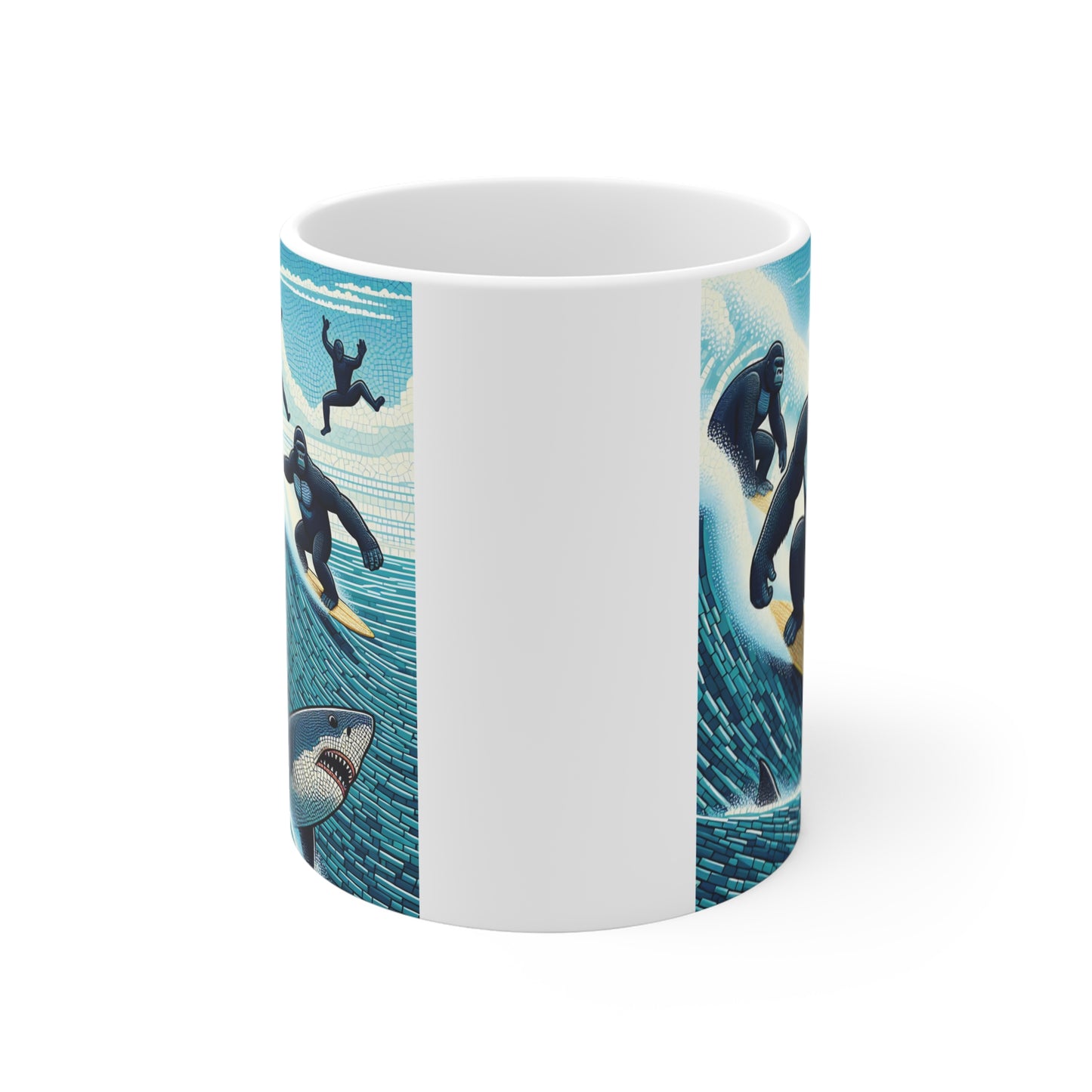 Cool gorilla surfer ceramic mug with dynamic wave scene and shark design, perfect for beach and surfing enthusiasts.