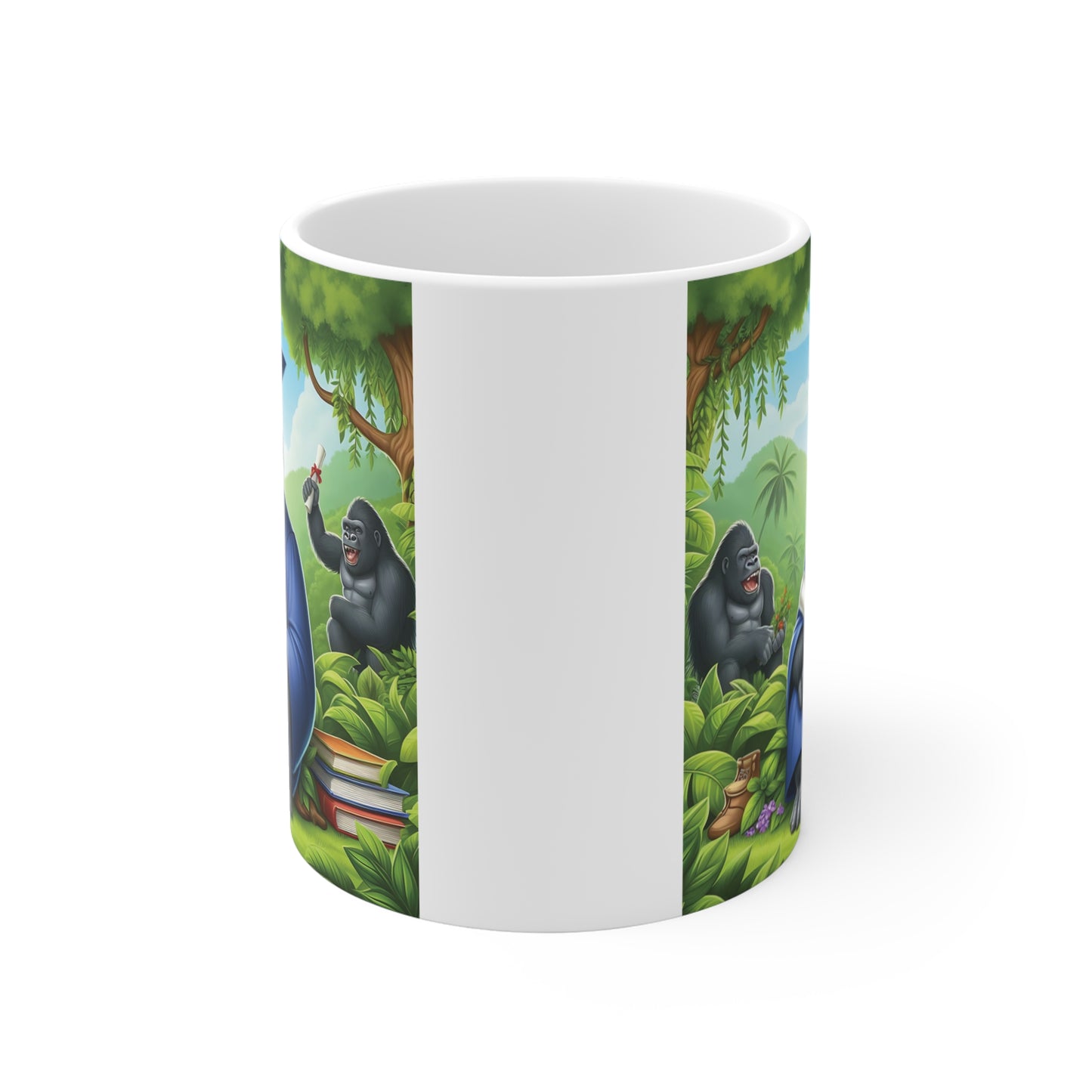 Funny Gorilla Graduation Coffee Mug – Cartoon Gorilla in Cap and Gown Ceramic Mug with Diploma Jungle Artwork