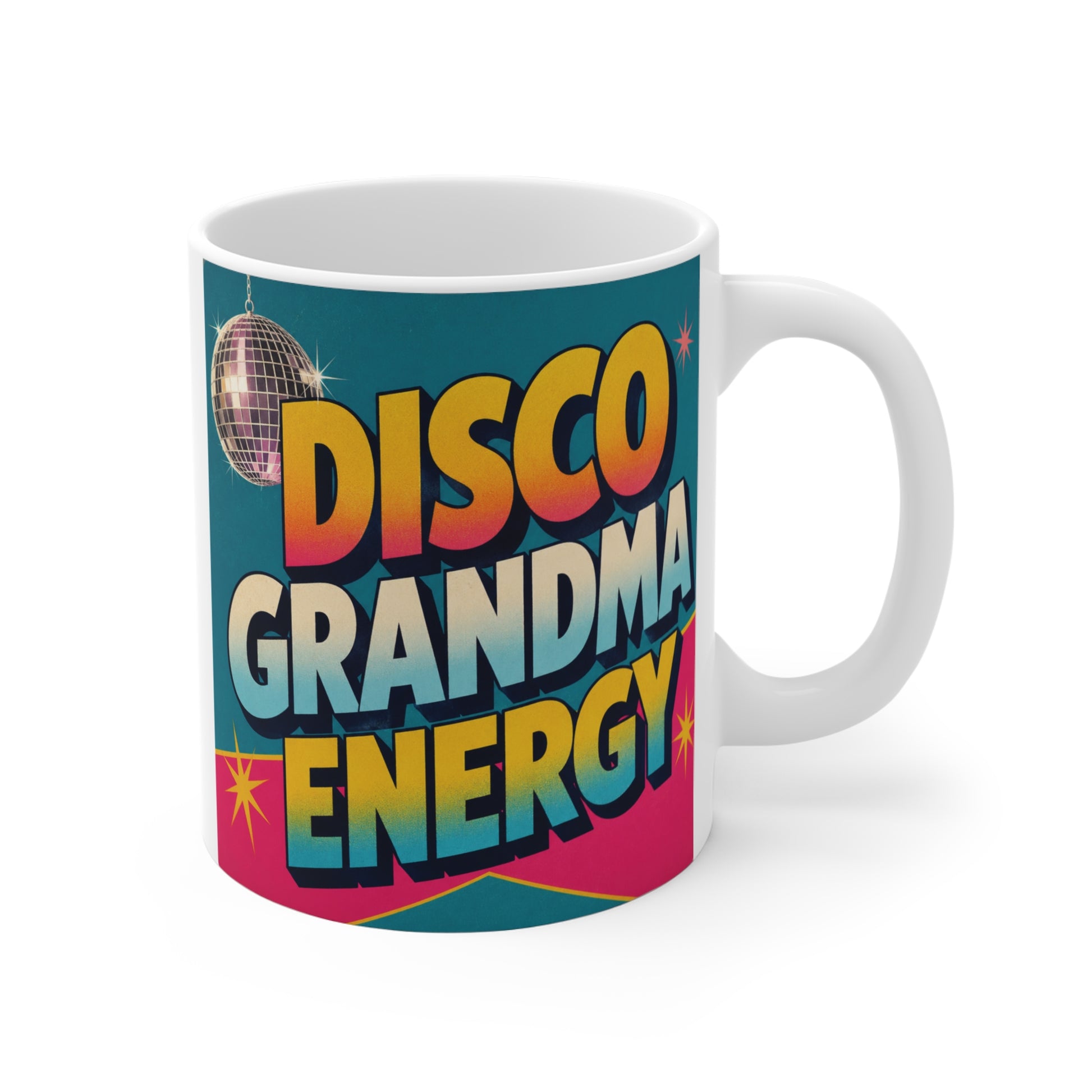 Disco Grandma Energy 11oz ceramic coffee mug with colorful retro typography and disco ball design on white mug mockup