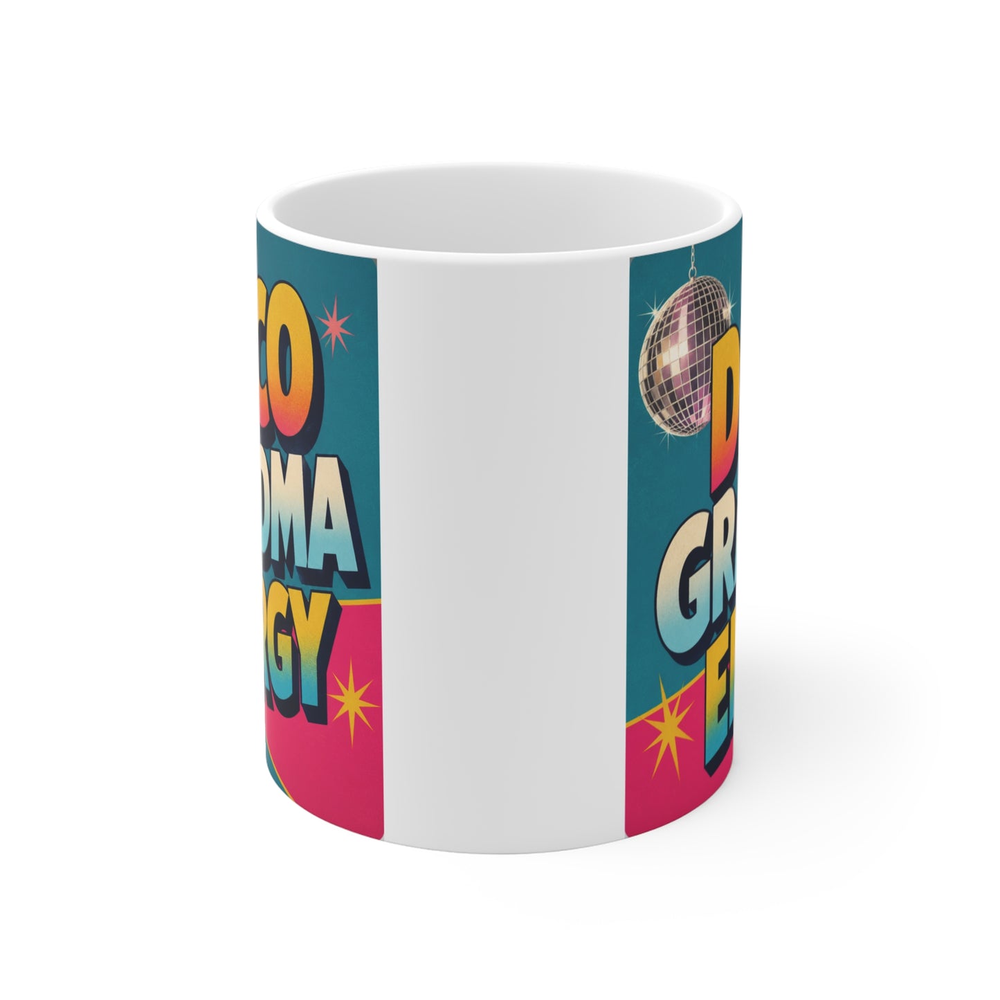 Funny retro grandma coffee mug featuring bold Disco Grandma Energy text with vibrant 80s disco aesthetic artwork