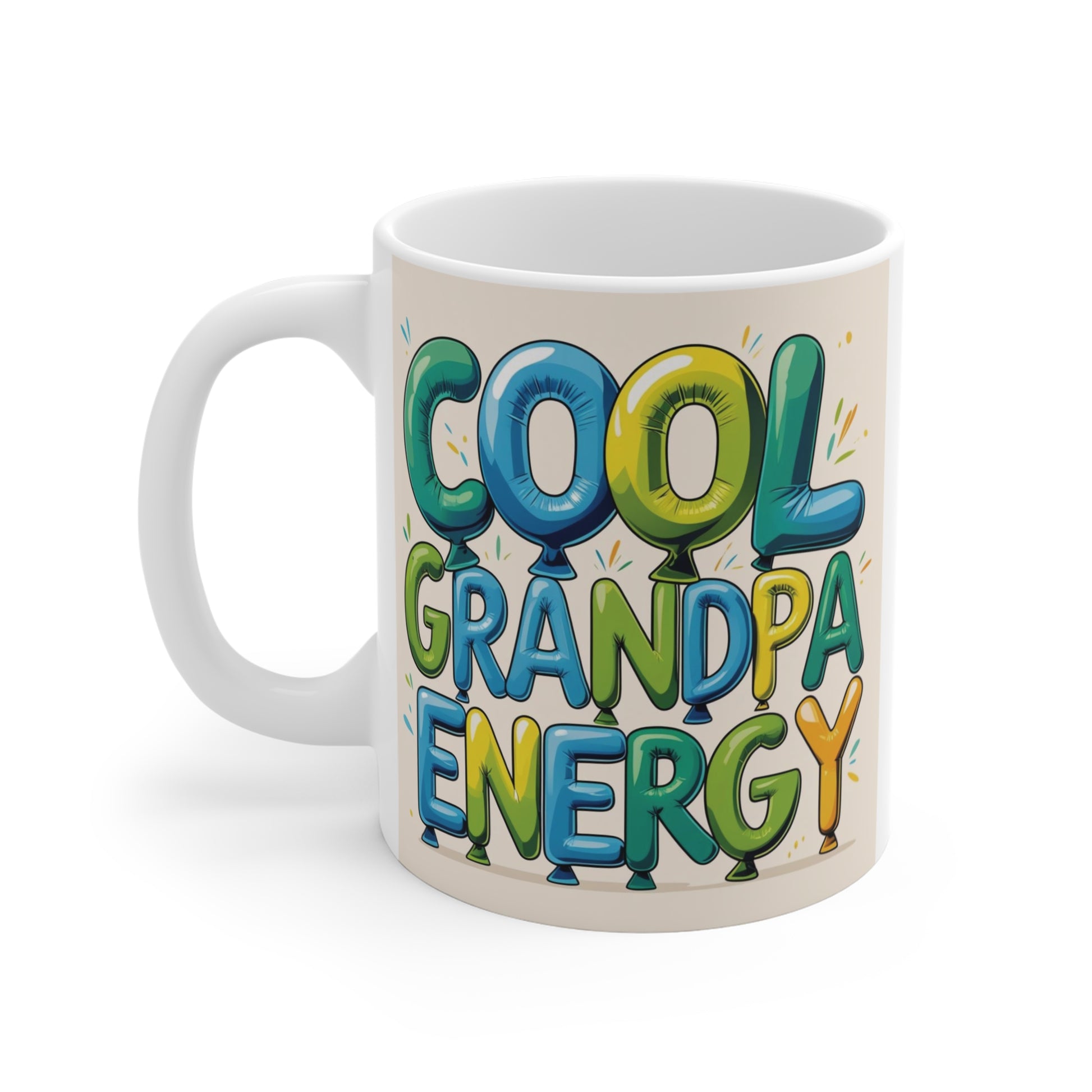 11oz Cool Grandpa Energy coffee mug with colorful typography design, unique gift for grandfathers who enjoy coffee, tea, and family time.