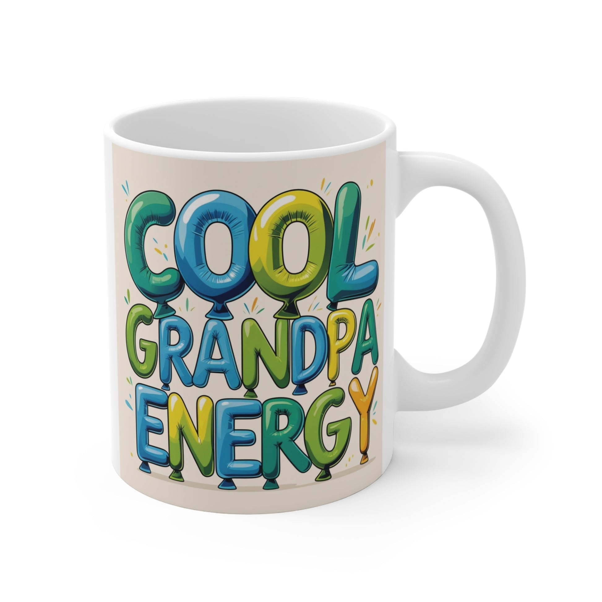 Colorful Cool Grandpa Energy 11oz ceramic coffee mug featuring balloon-style lettering, perfect funny gift for grandpa and grandfather.