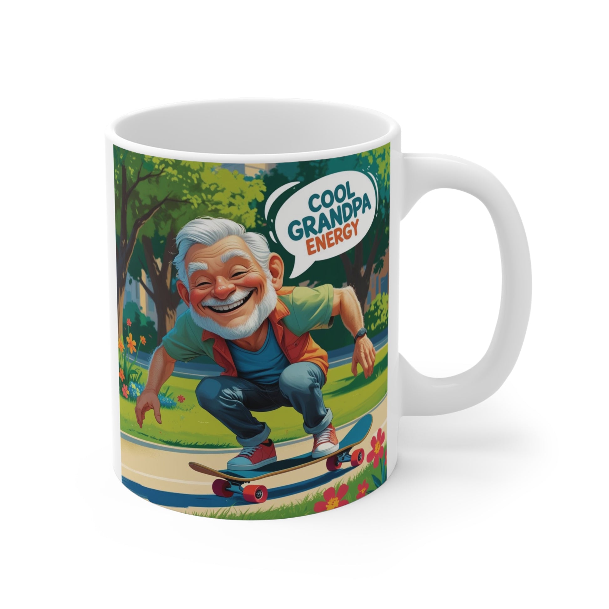 Funny Cool Grandpa Energy 11oz ceramic coffee mug featuring a smiling grandfather riding a skateboard, perfect gift for grandpa birthdays and Father's Day.