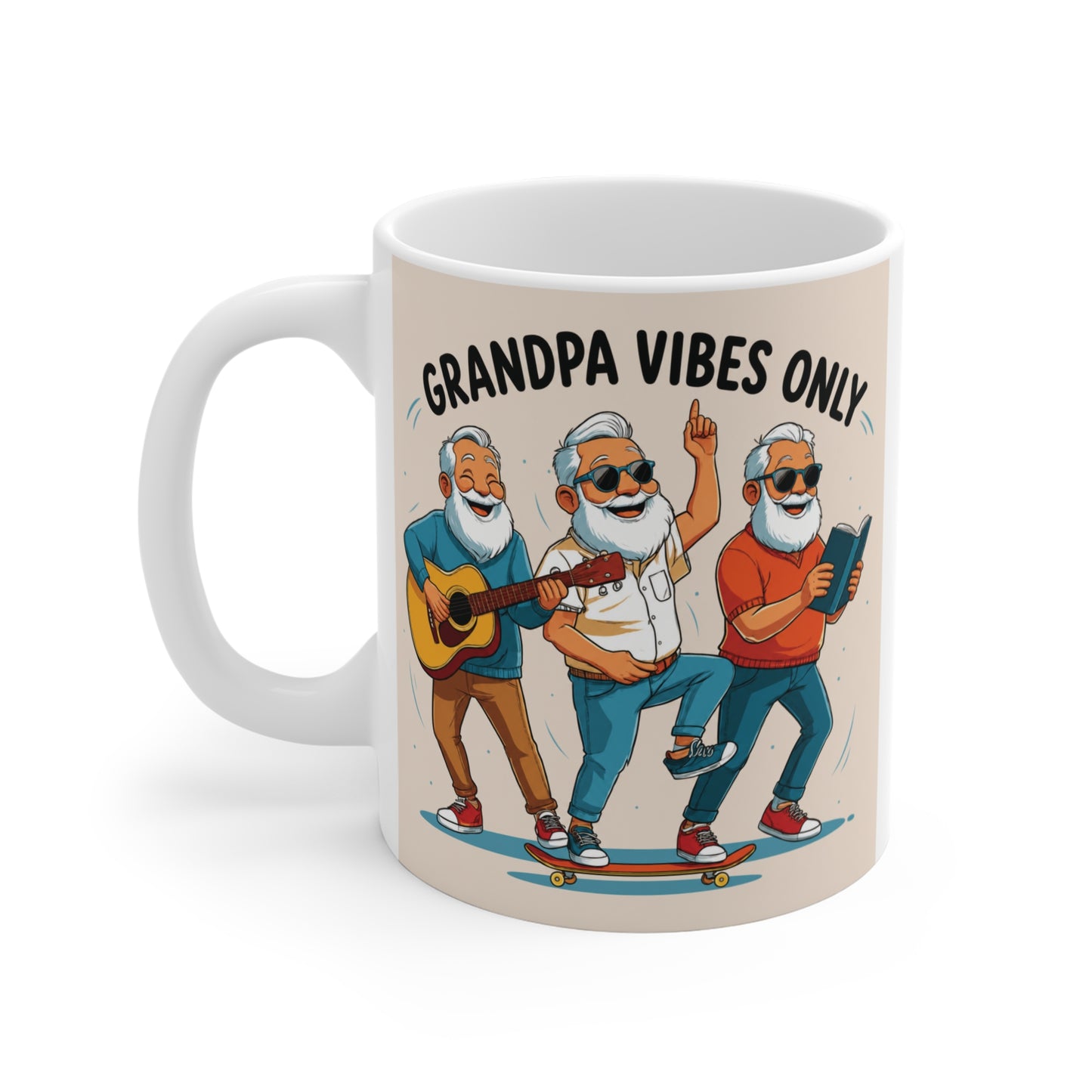 Unique grandpa coffee mug featuring cheerful grandfather characters enjoying music, books, and adventure, ideal gift for grandad coffee lovers.