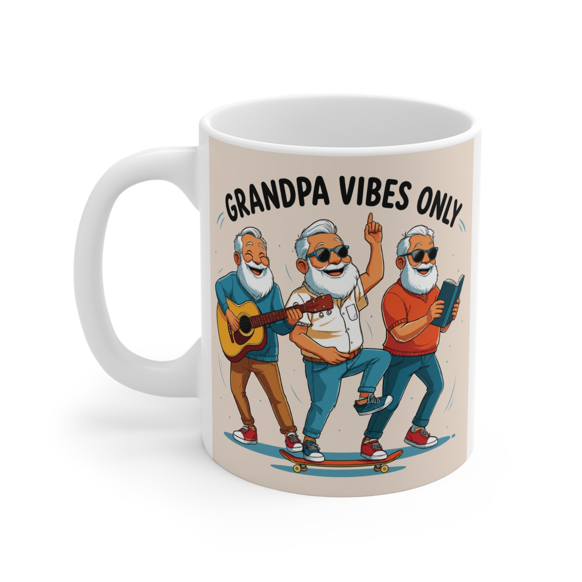 Unique grandpa coffee mug featuring cheerful grandfather characters enjoying music, books, and adventure, ideal gift for grandad coffee lovers.