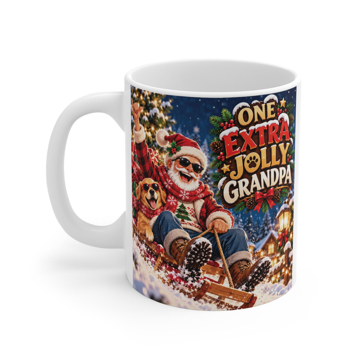 Retro Christmas mug for grandpas with One Extra Jolly Grandpa text, cool Santa with sunglasses, and dog on a snowy sled background.