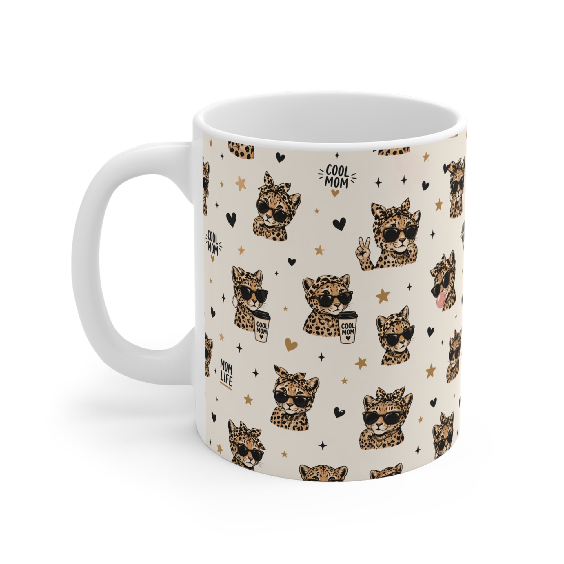 cute leopard sunglasses mom mug with cool mom text pattern, stylish 11oz ceramic coffee cup gift for mothers