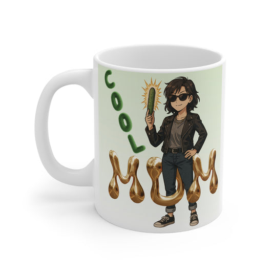 Cool mom mug with stylish cartoon woman in leather jacket holding cucumber, gold ‘MOM’ text and trendy design