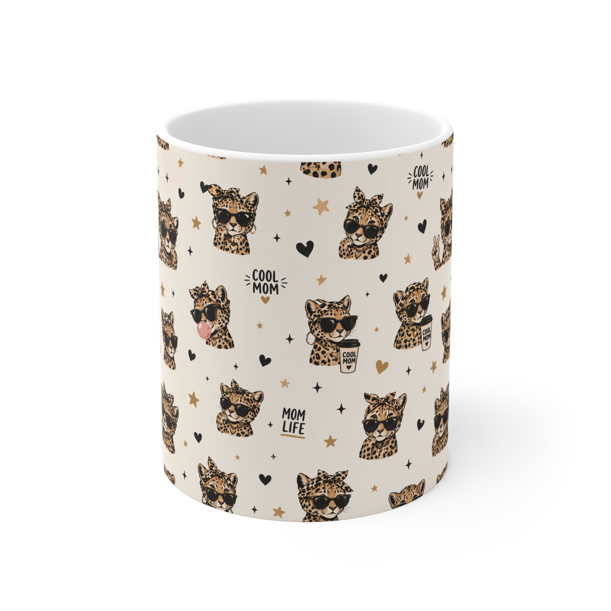 11oz cool mom leopard print mug with sunglasses cheetah design and mom life quotes on white ceramic coffee cup