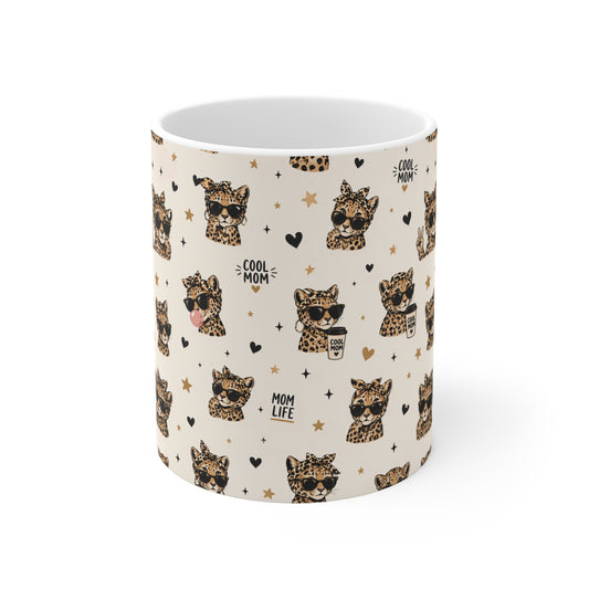 11oz cool mom leopard print mug with sunglasses cheetah design and mom life quotes on white ceramic coffee cup