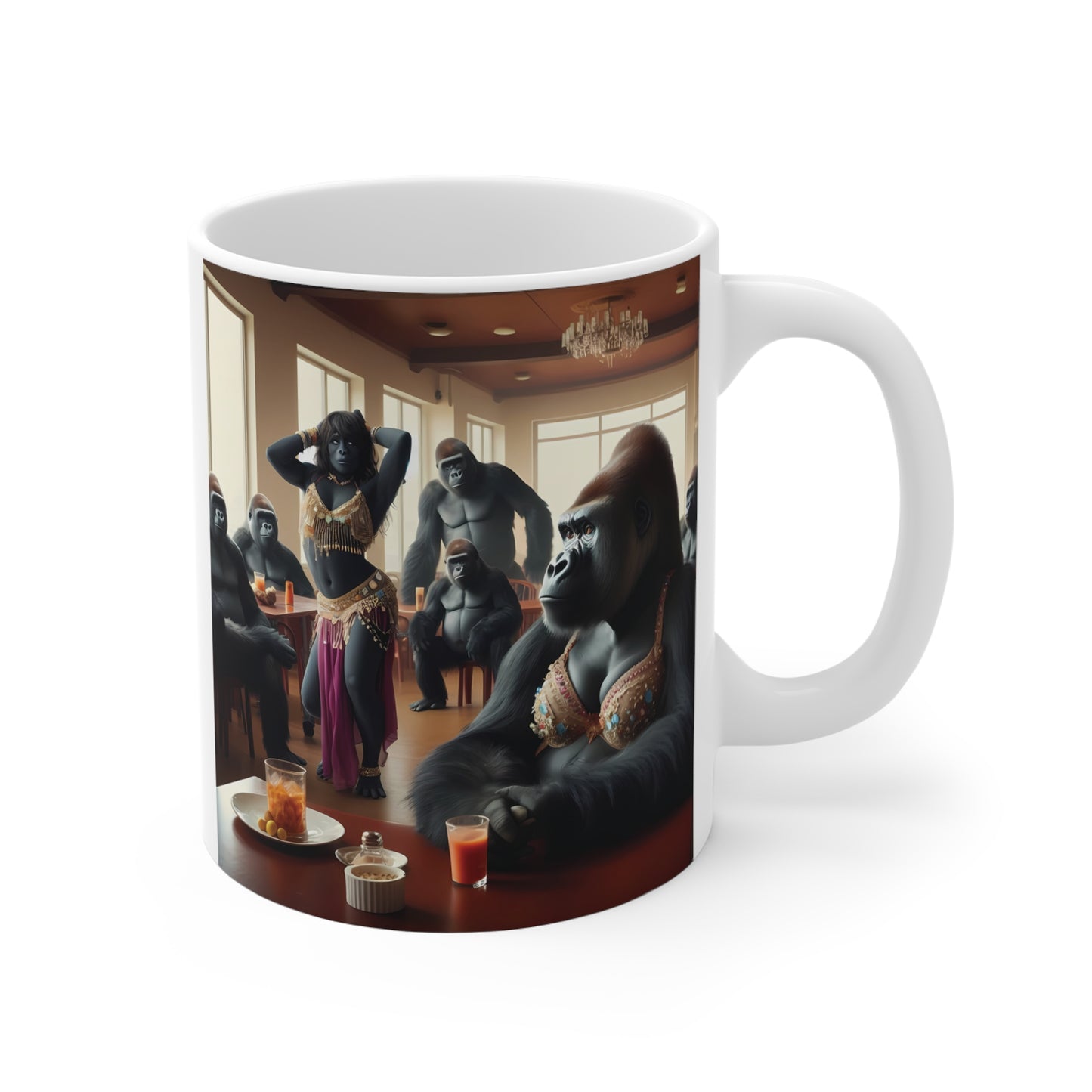 Funny gorilla belly dancer 11oz ceramic mug with jungle party art and surreal ape restaurant scene