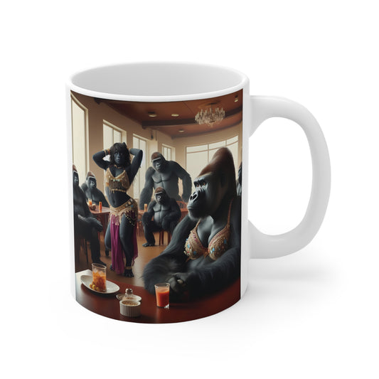 Funny gorilla belly dancer 11oz ceramic mug with jungle party art and surreal ape restaurant scene