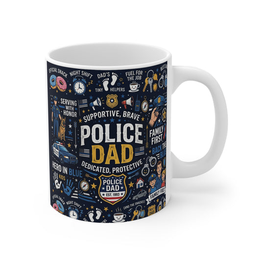 Police dad mug 11oz with supportive brave dedicated design, law enforcement father coffee cup gift