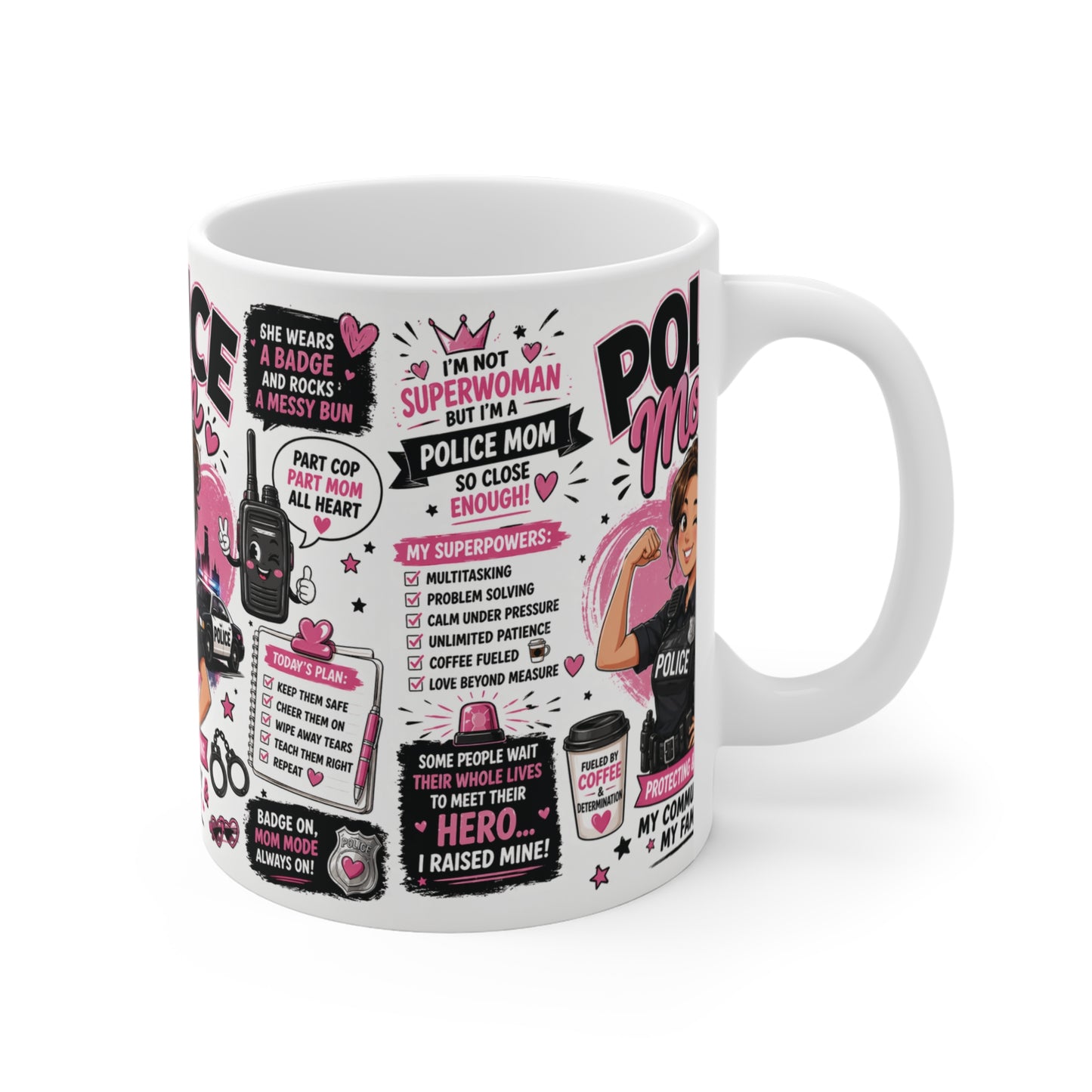 Cute police wife mug with pink theme and cop mom artwork, thin blue line family supporter ceramic coffee mug