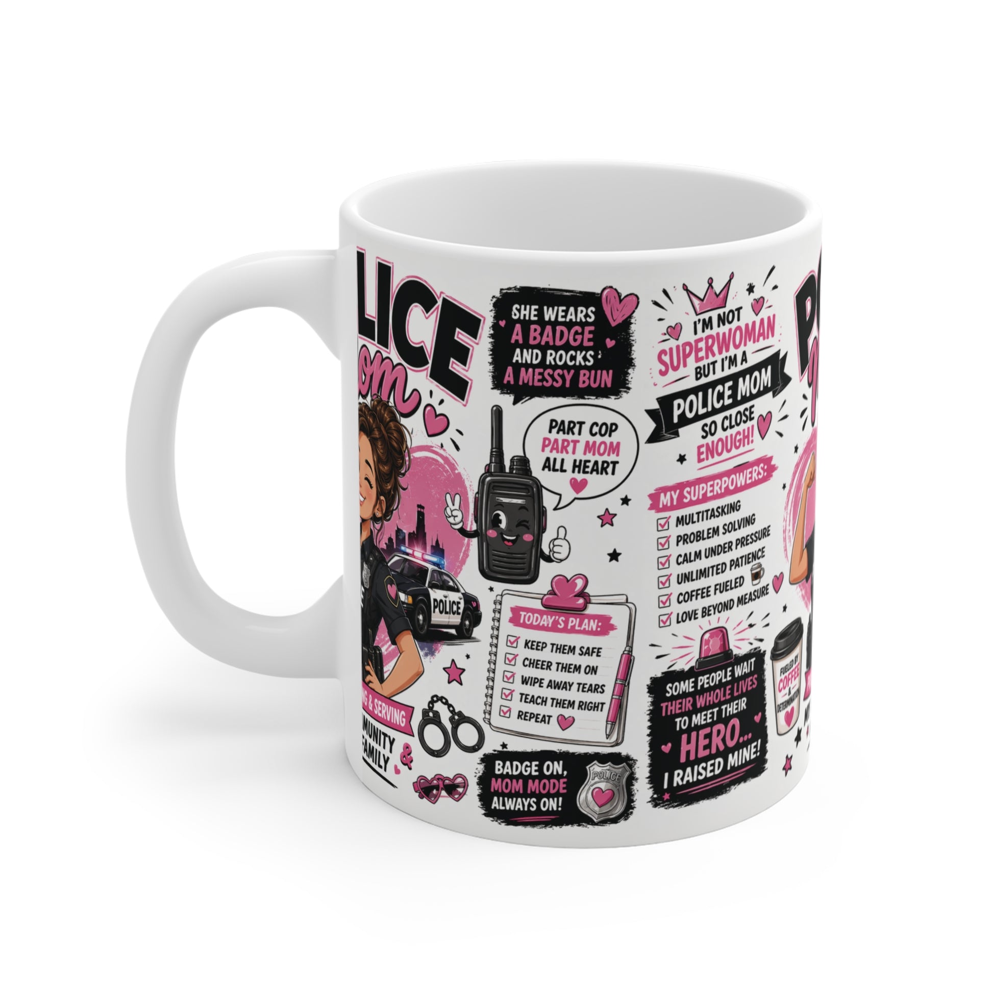 Law enforcement family gift mug featuring police mom design, 11oz ceramic wrap around coffee cup for proud police supporters