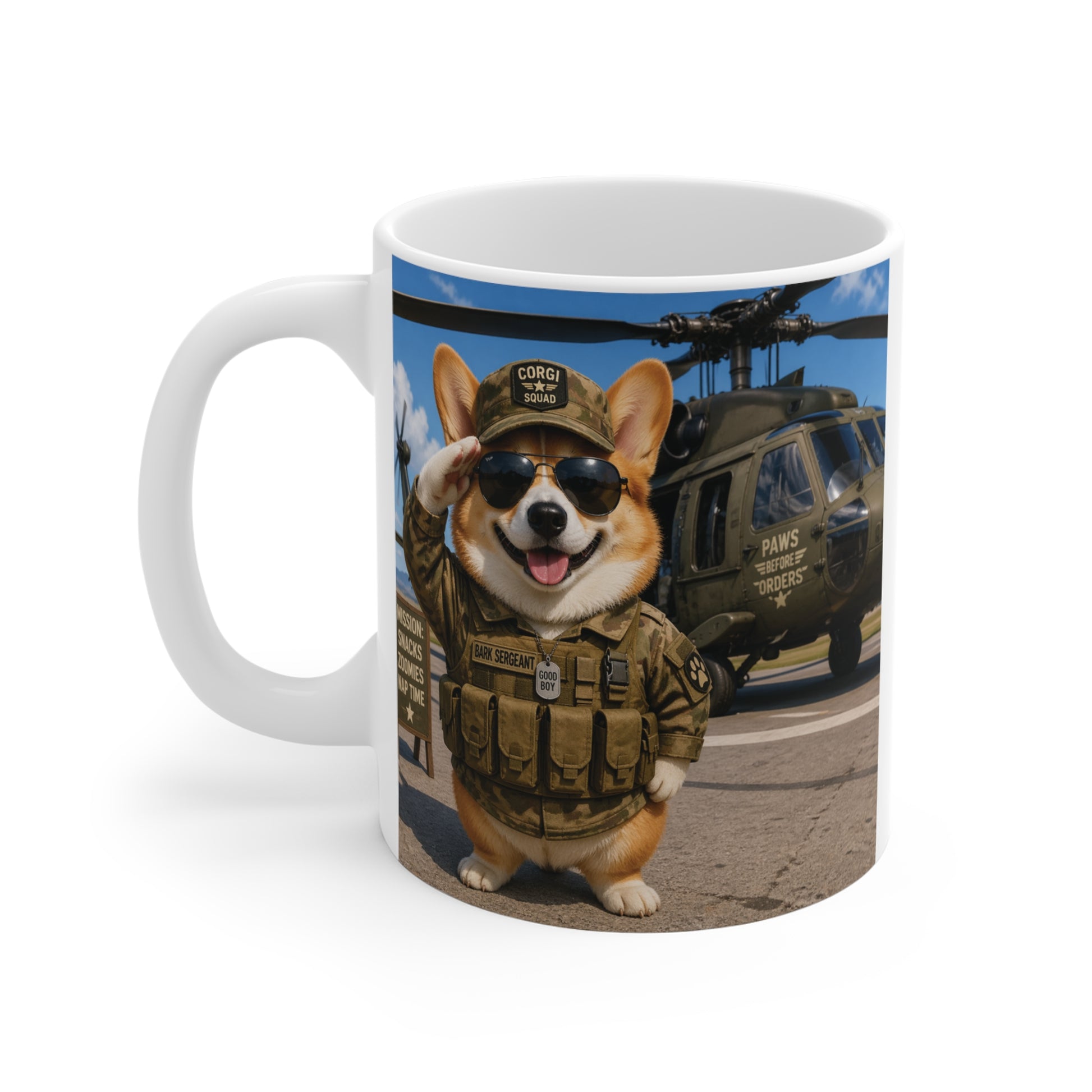 Cute corgi army dog coffee mug 11oz, military themed funny animal mug, gift for dog lovers, veterans and soldiers