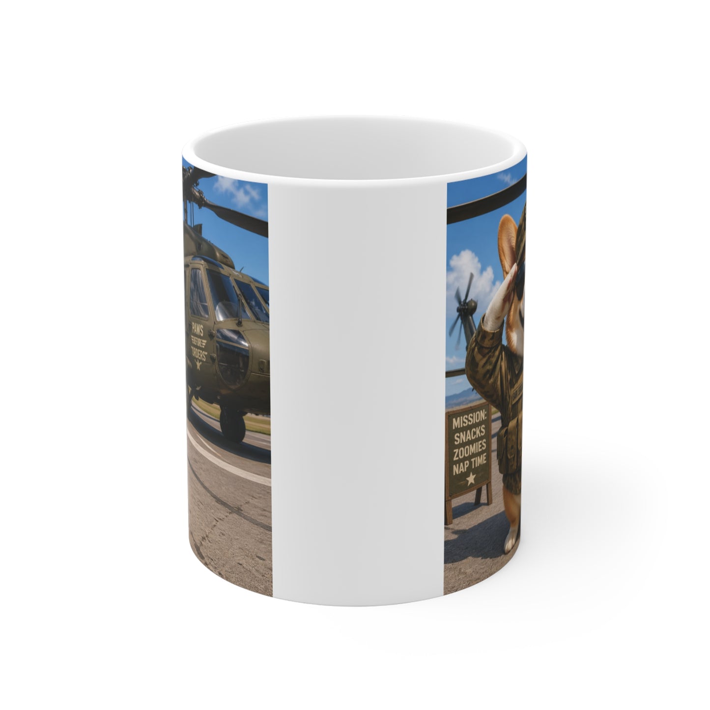 Military humor corgi mug with sunglasses and tactical vest 11oz. ceramic coffee cup with helicopter background.  unique gift idea