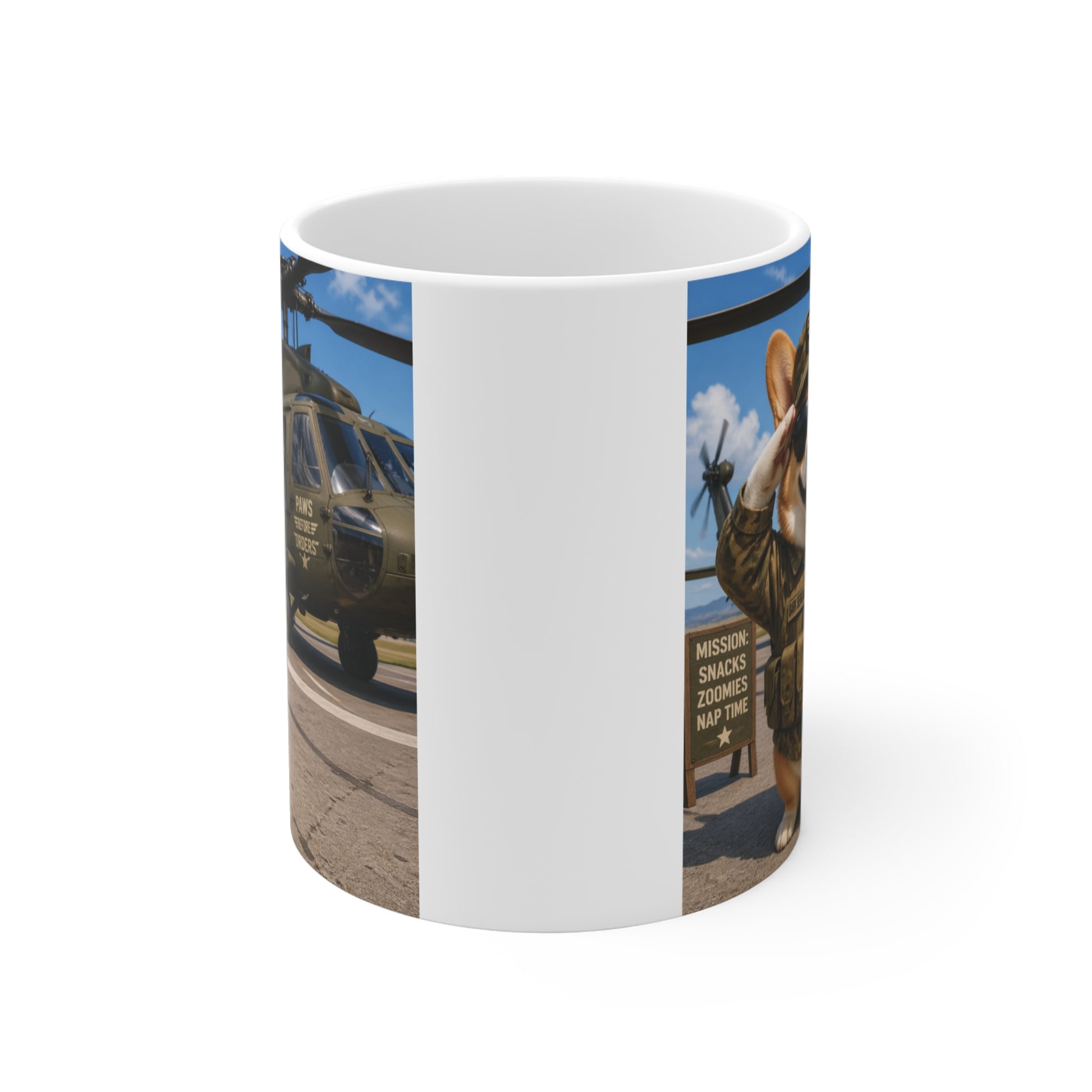 Military humor corgi mug with sunglasses and tactical vest 11oz. ceramic coffee cup with helicopter background.  unique gift idea