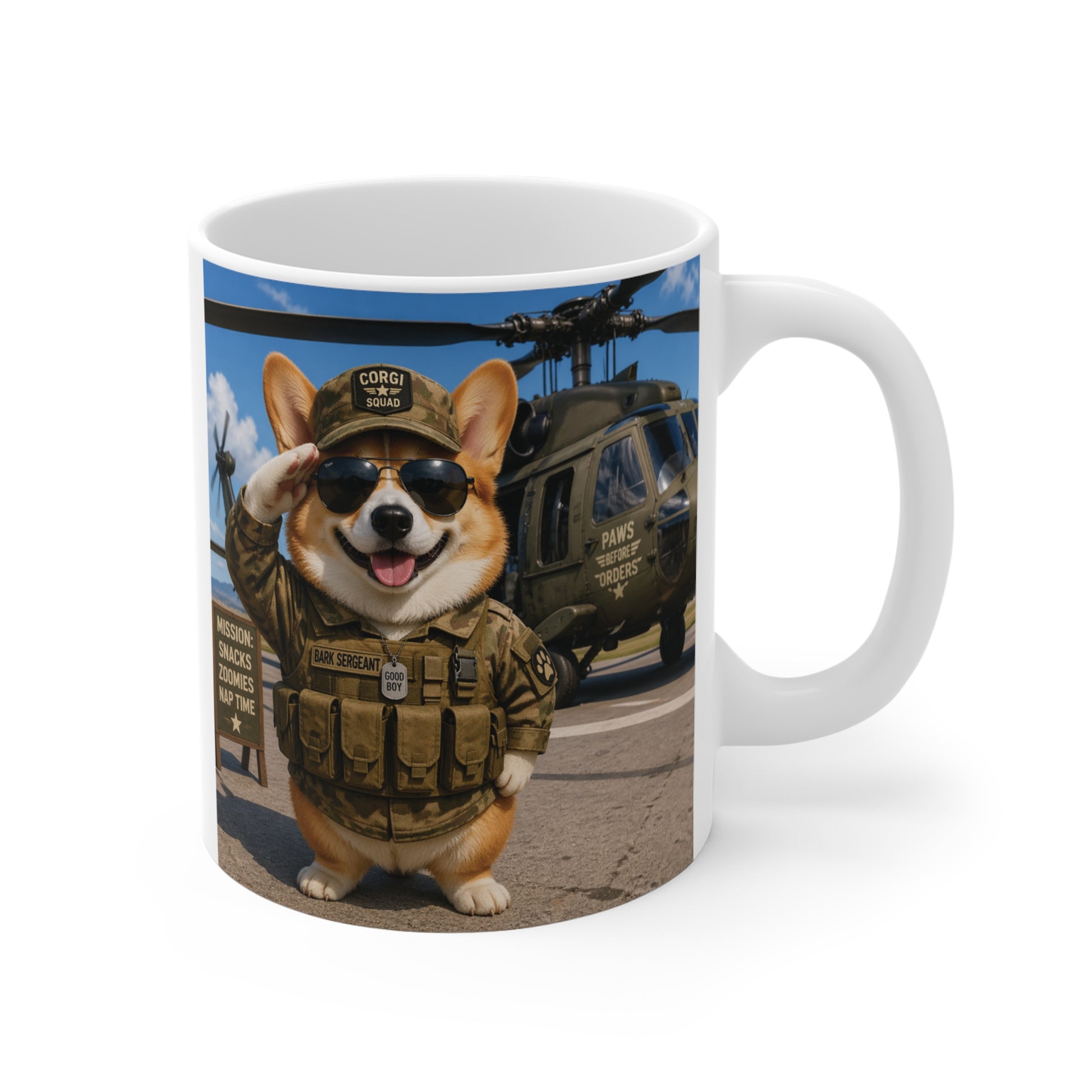 Funny military corgi mug 11oz with dog in army uniform, sunglasses, standing in front of helicopter. Cute dog lover coffee cup