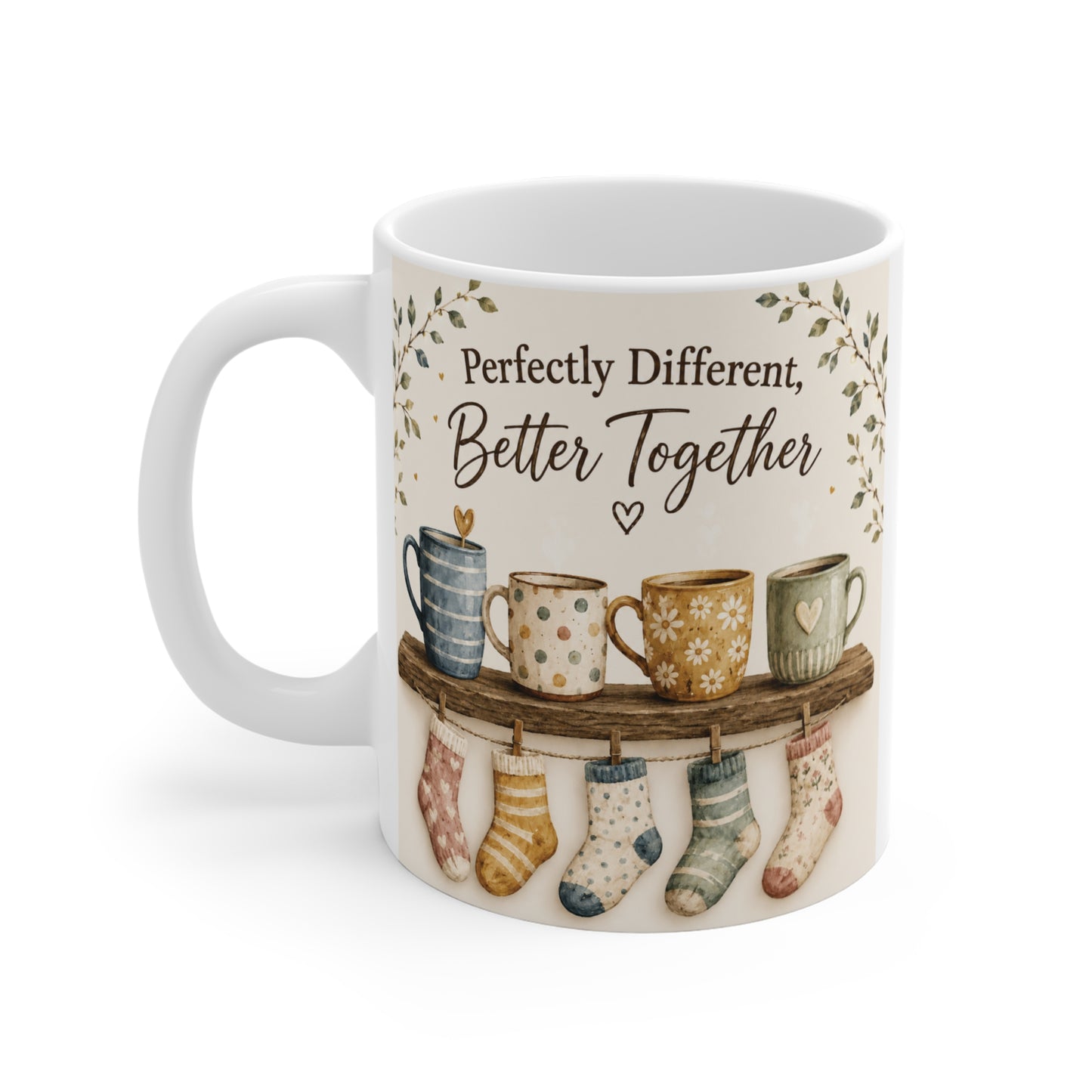 Cute aesthetic ceramic tea mug with cozy cottagecore artwork and heartwarming friendship message for coffee lovers
