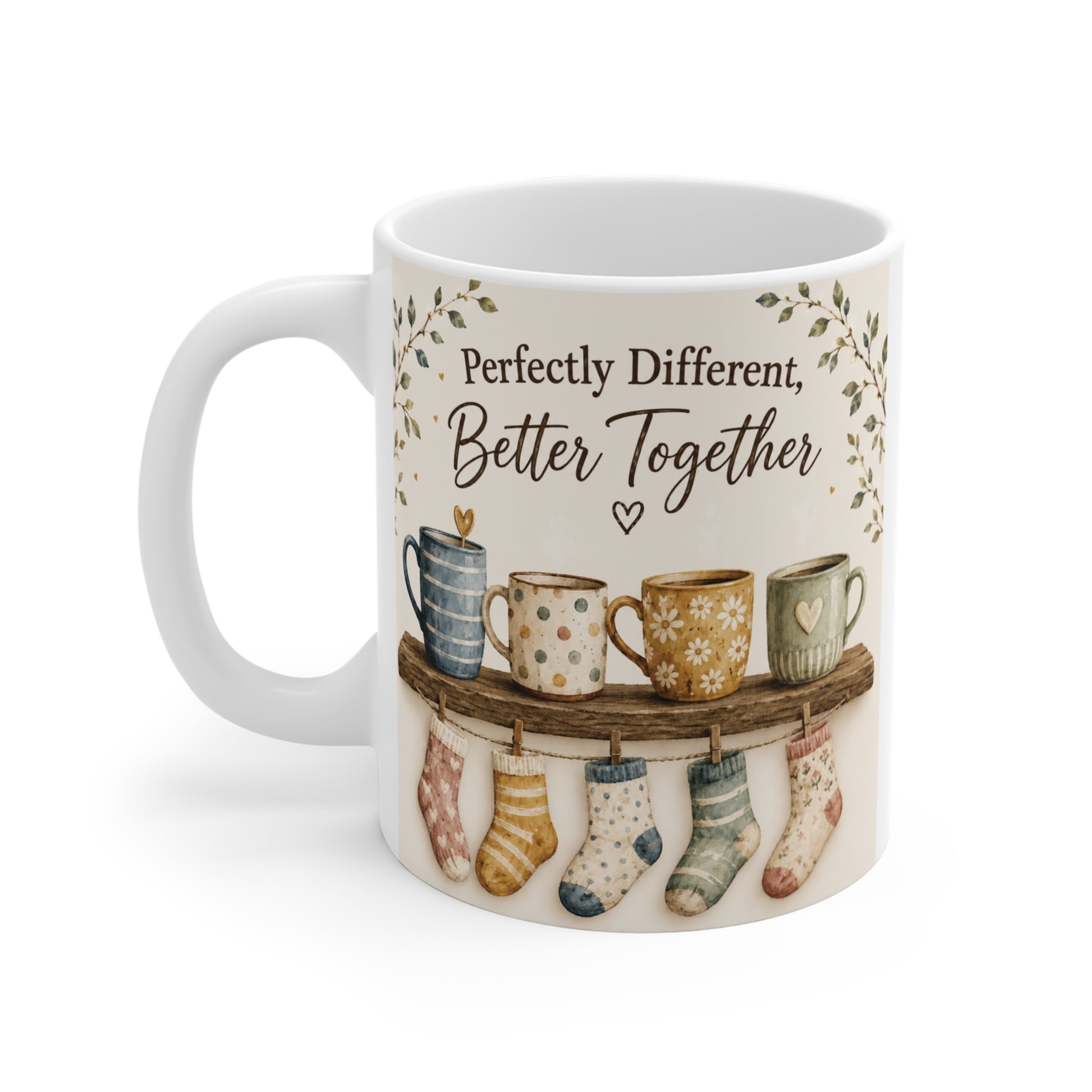 Cute aesthetic ceramic tea mug with cozy cottagecore artwork and heartwarming friendship message for coffee lovers