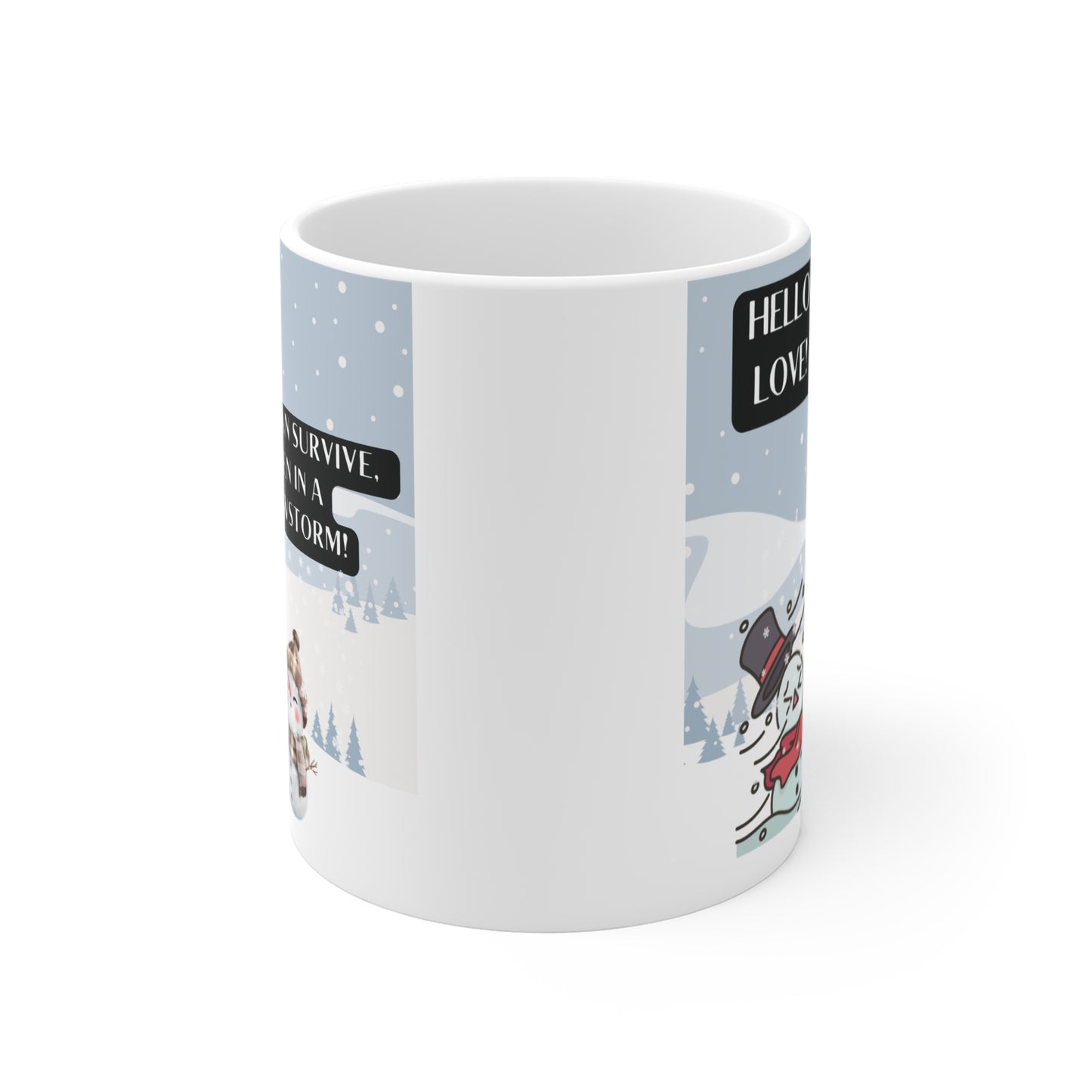 Festive Christmas mug with adorable snowman illustration, snowfall background, and love quote for holiday gift idea