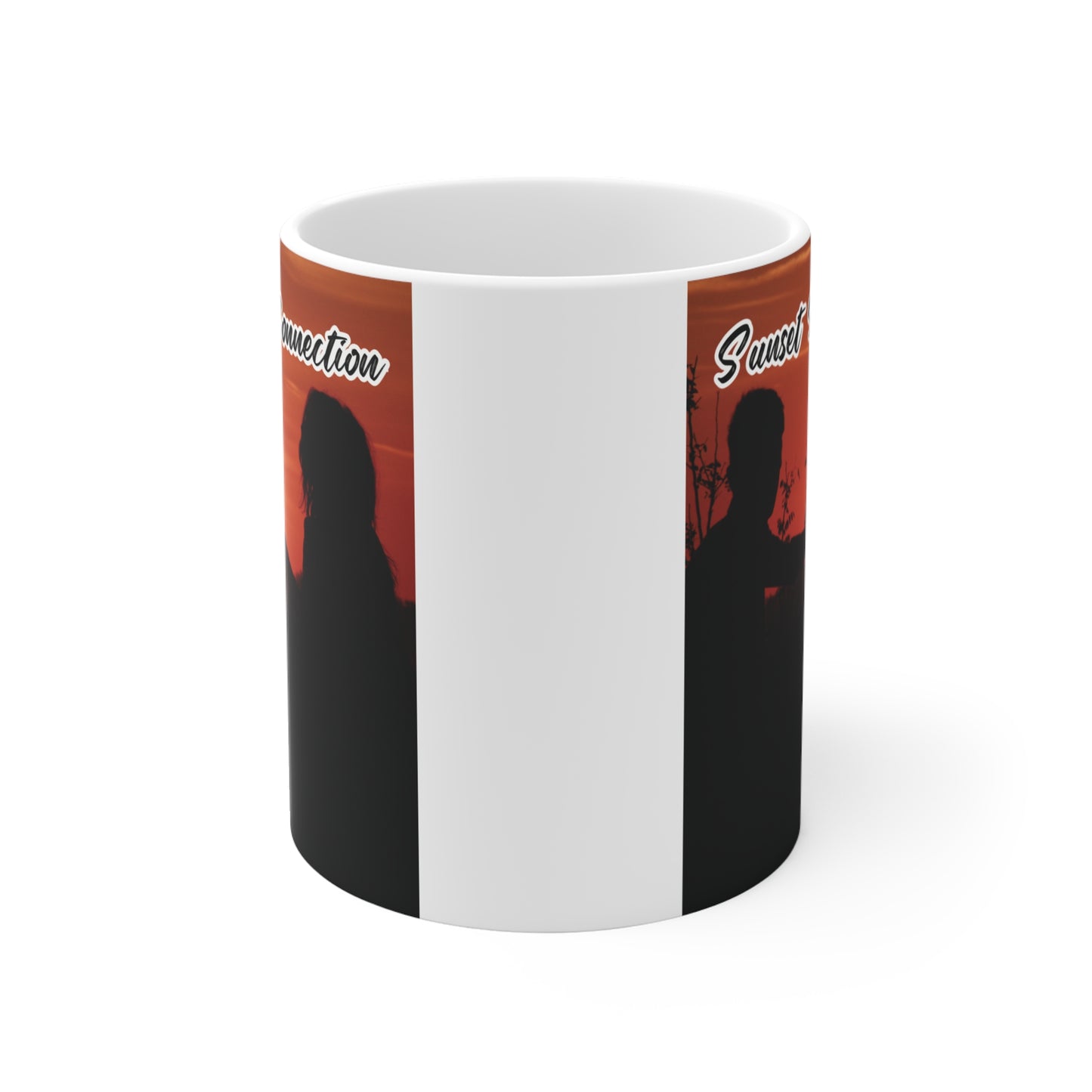 Love-themed mug with silhouette couple, glowing heart at sunset, perfect anniversary or Valentine gift